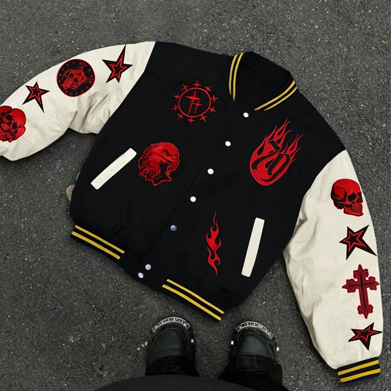 Men's Casual Baseball Jacket with Skull & Flame Design - Lightweight, Polyester, Button-Up Outerwear for Spring/Fall, School & Sports Style, Loose, Outdoor Sports, College Style, Movement Style, Leisure Style, Leisure Outing