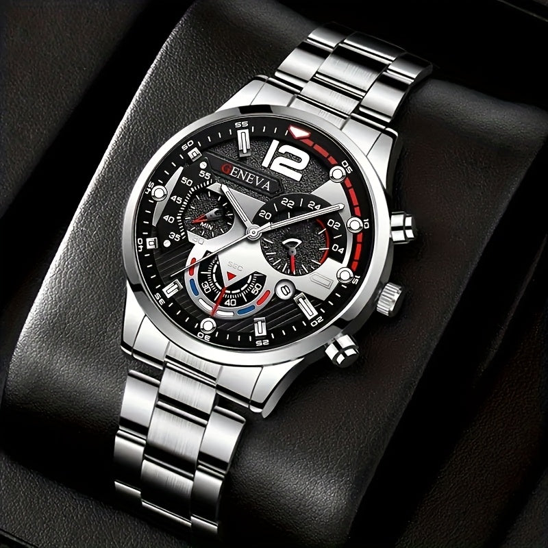 Men's 8pcs luxury gift set: stainless steel quartz watch with calendar, Golden arrow necklace, bracelet and ring - perfect business casual accessories for Valentine's Day, New Year, Easter, Ramadan, birthday, Christmas, Hallo