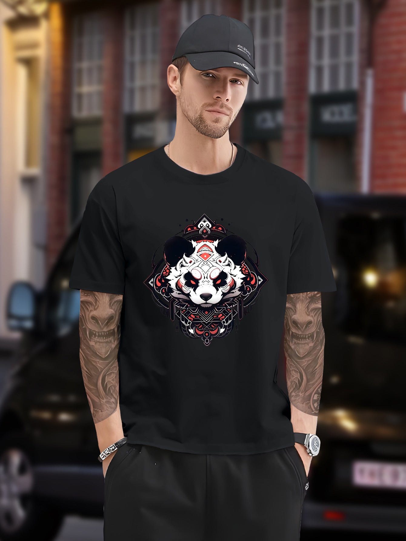 Men's Plus Size Black T-Shirt with Panda Graphic - Casual, Non-Stretch Polyester, Crew Neck, Short Sleeve Tee for Summer, Oversized T Shirt