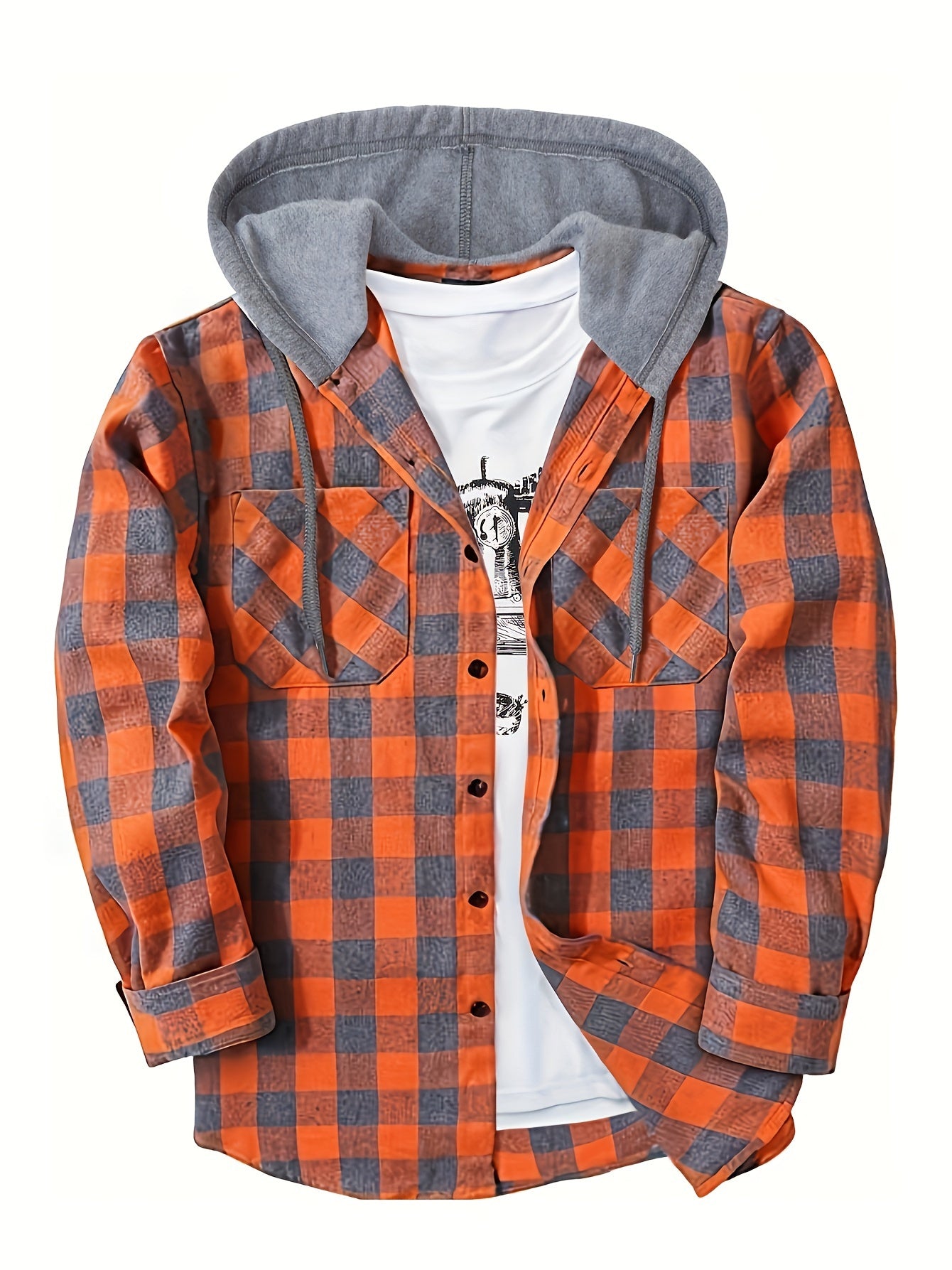 Fashionable Design Men's Plaid Pattern Hooded Long Sleeve And Button Up Shirt Jacket With Pockets, Chic And Trendy Hoodie Jacket For Outdoors Leisurewear