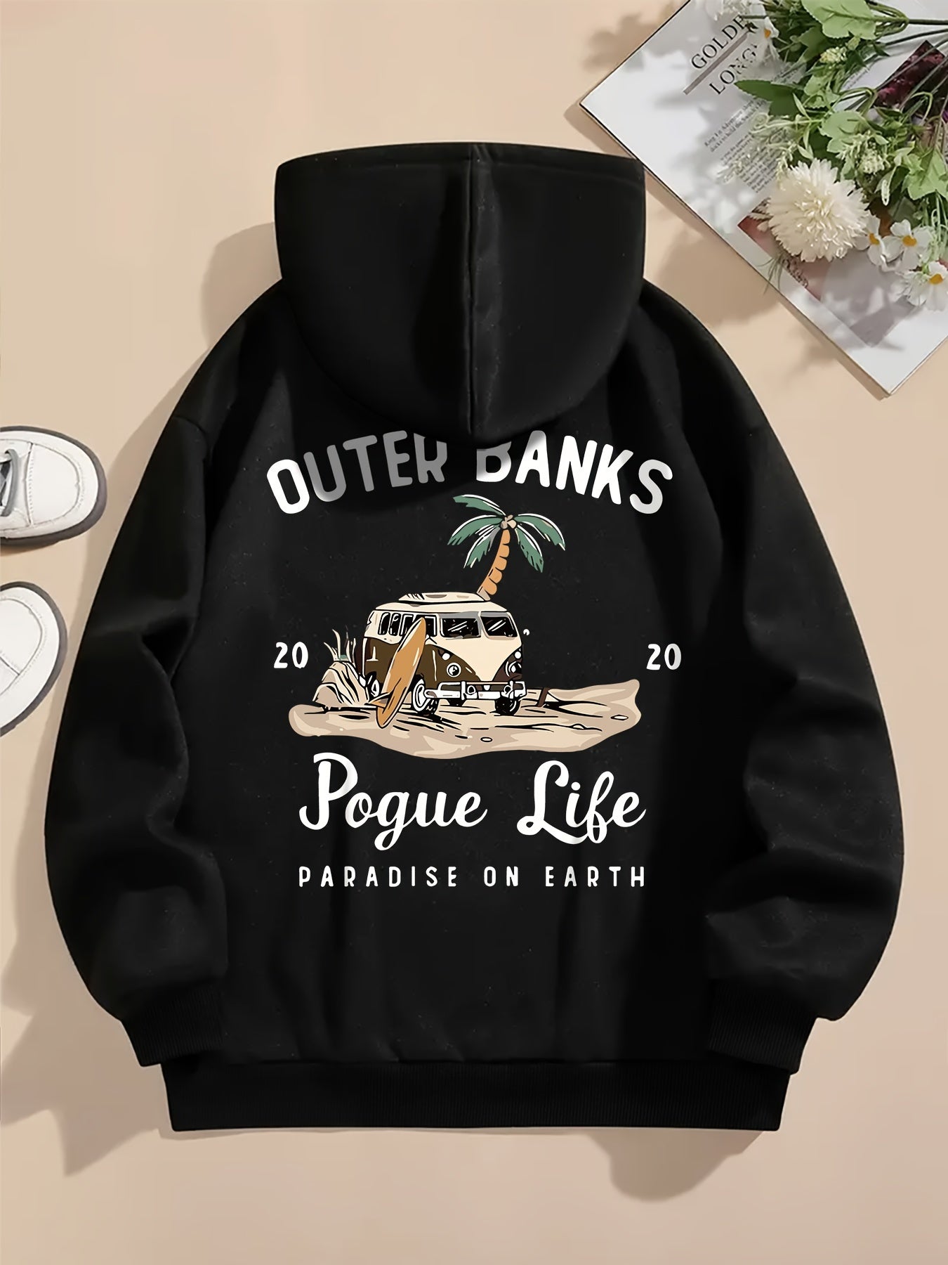 Funny Landscape & Letter Print Kangaroo Pocket Hoodie, Casual Long Sleeve Drawstring Hoodies Sweatshirt for Winter & Autumn, Women's Clothing, Oversized Hoodie