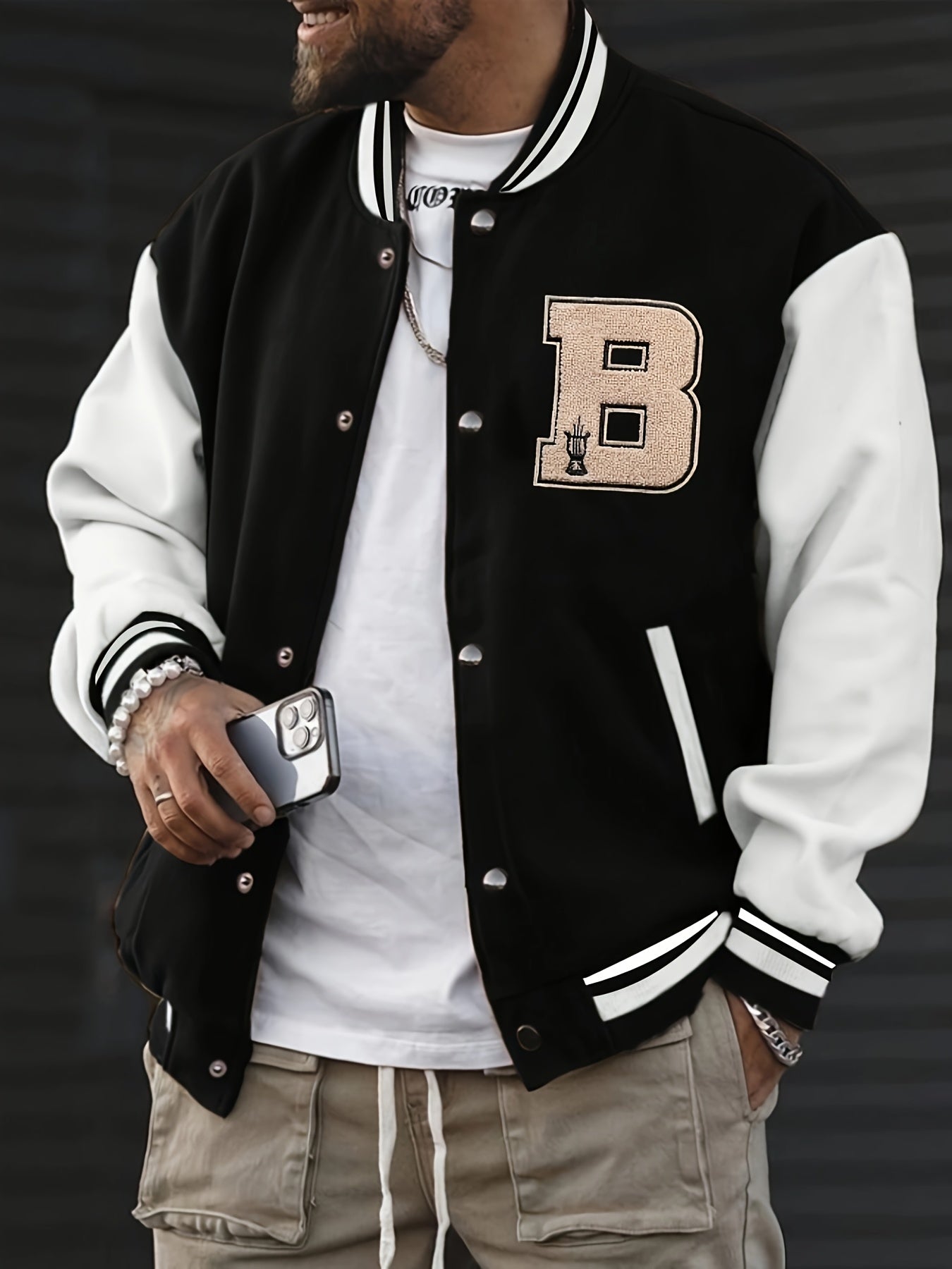 1pc Men'S Casual Polyester Letterman Jacket with Slight Stretch - Knit Fabric Baseball Collar, Button Closure, Regular Fit for Fall/Winter