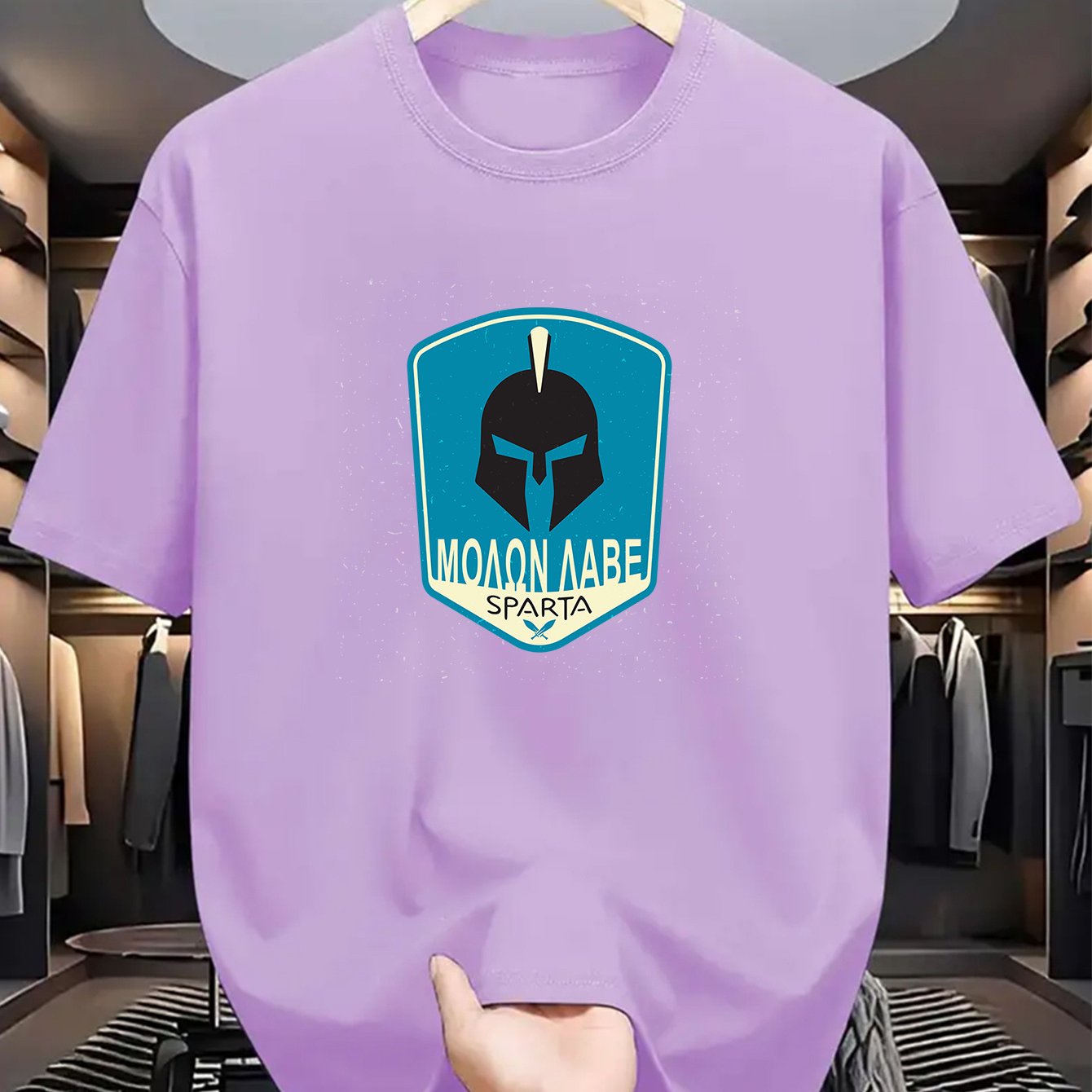 Men's SPARTA Graphic Tee - Beige Crew Neck Short Sleeve T-Shirt with Blue Spartan Helmet Design, 100% Polyester, Casual Summer Wear for Everyday & Special Occasions, Cool Oversized Tee Shirts