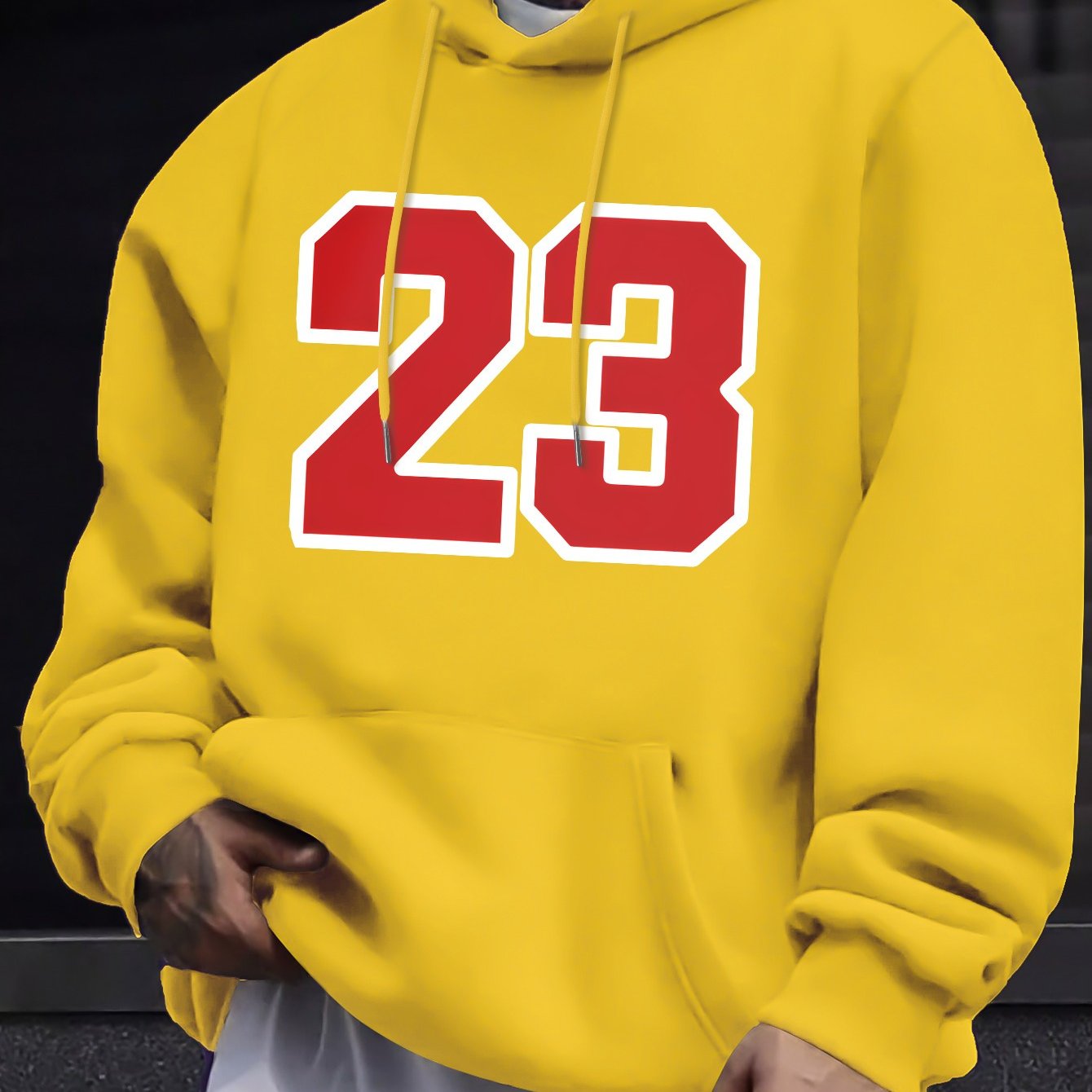 Men's Casual Hooded Sweatshirts with Geometric Number Pattern - Knit Fabric Polyester Blend with Slight Stretch, Hoodie for Spring/Fall Season - Regular Fit Pullover with Hood - Polyester 95%, Elastane 5%