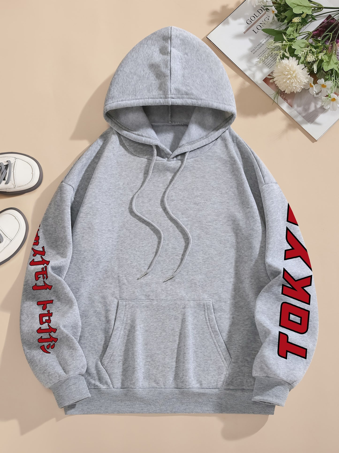 Tokyo Graphic Print Casual Hoodie for Women - 100% Polyester Knit Fabric with Drawstring Hood, Geometric Pattern, All-Season Comfort
