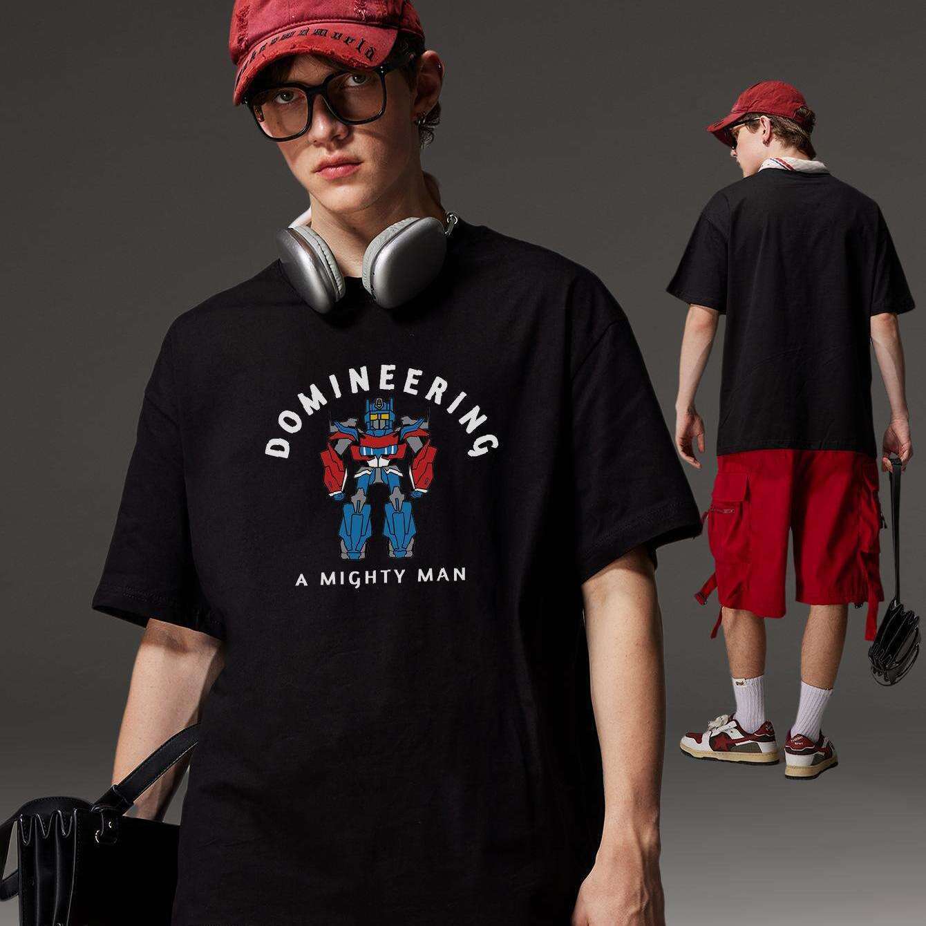 PRIVATHINKER "Domineering A Mighty for Man" Graphic Tee - 100% Cotton, Oversized Casual Hip Hop Style, Short Sleeve T-Shirt with Robot Print, Summer Streetwear for Men and Women