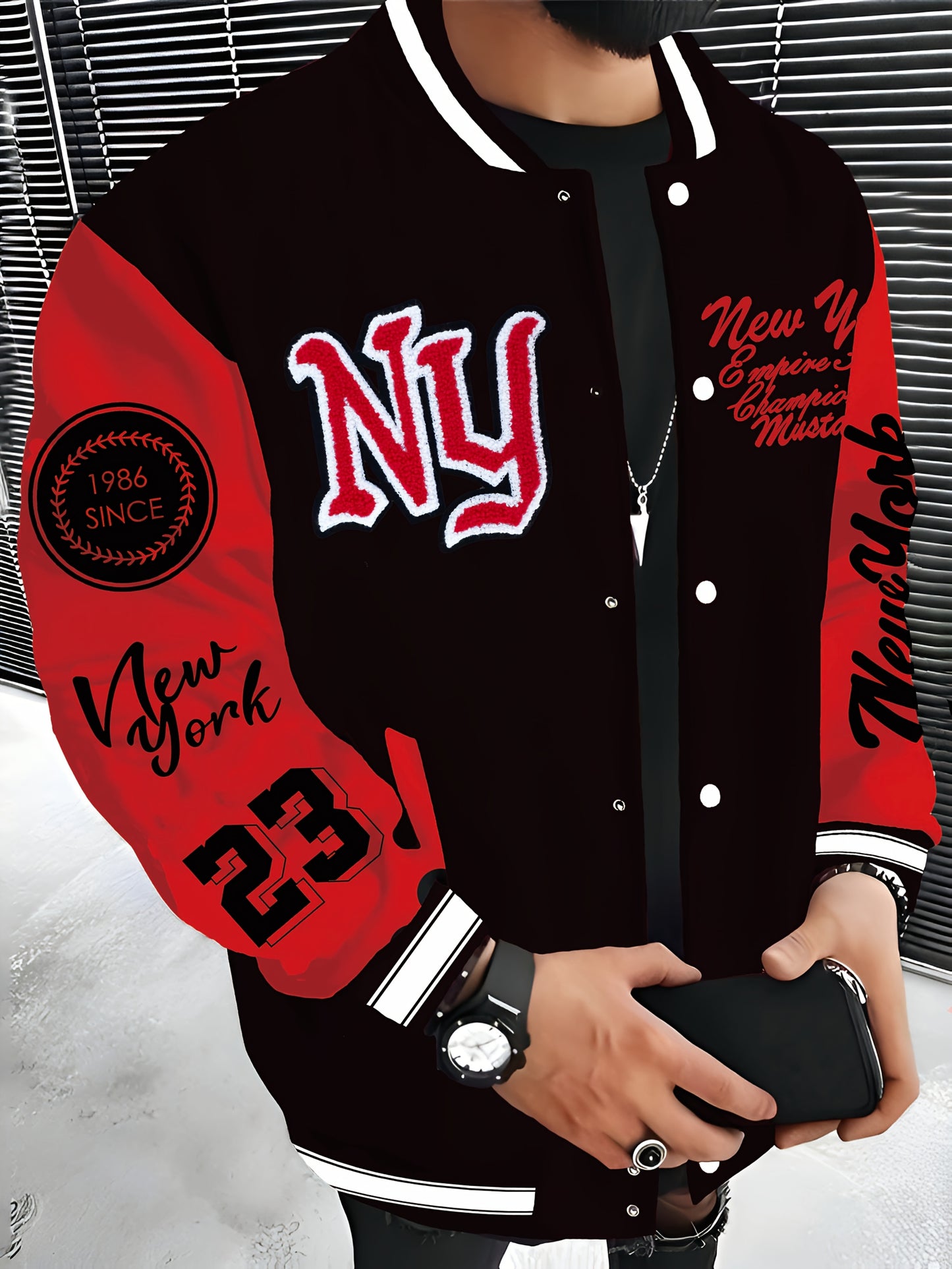 New York Embroidered Varsity Jacket - Men's Casual Fleece-Lined Baseball Coat, Lightweight & Warm for Fall/Winter, Machine Washable, Autumn, Hip Hop, Christmas & New Year, Leisure Style, Leisure Outing Occasion, Conventional