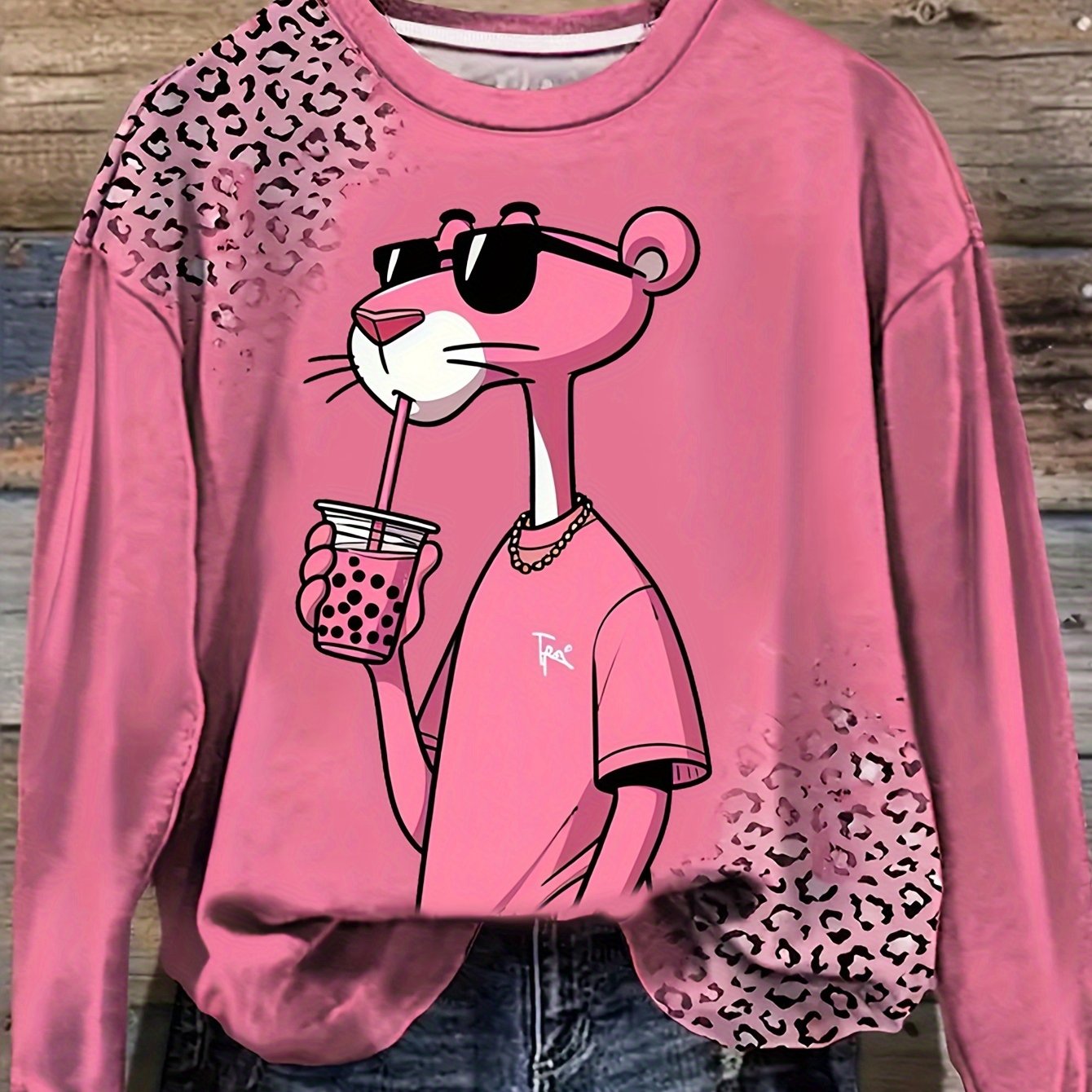 1pc Women'S Plus Size Cartoon Animal Print Sweatshirt, Casual Round Neck Pullover Long Sleeve, Polyester Comfortable Fall/Winter Top, Pink Leopard Pattern, Regular Fit