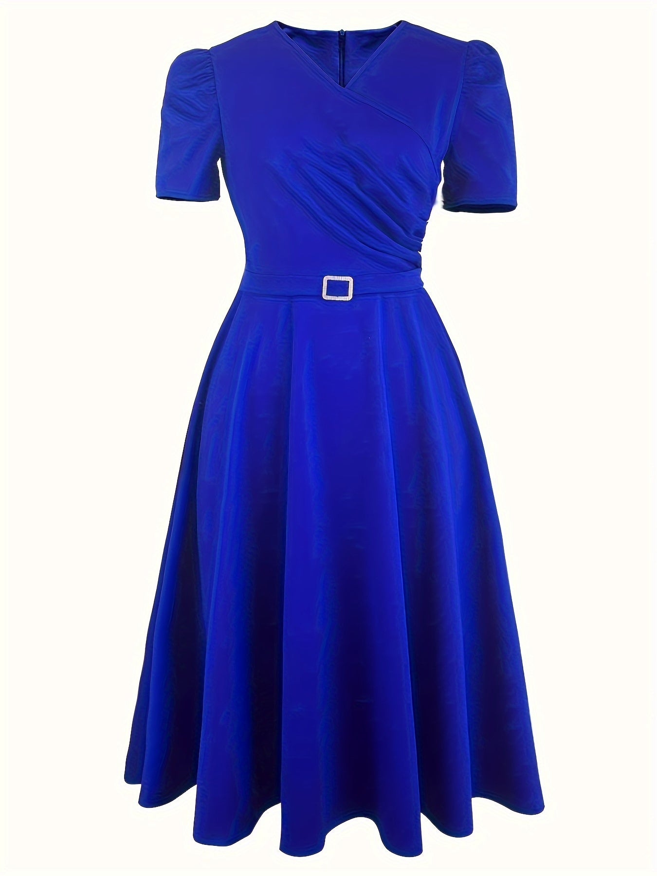 Elegant V-Neck Knit Dress for Women - Solid Color, Knee-Length with Flowy Skirt & Puff Sleeves, Machine Washable