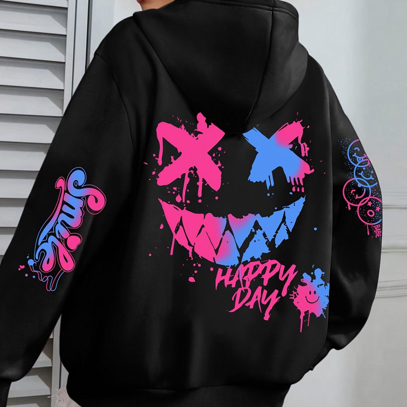 1pc Street Style Graffiti Print Hoodie for Women, Plus Size Casual Polyester Sweatshirt with Letter Applique, Knitted Pullover with Drawstring Hood for Autumn/Winter