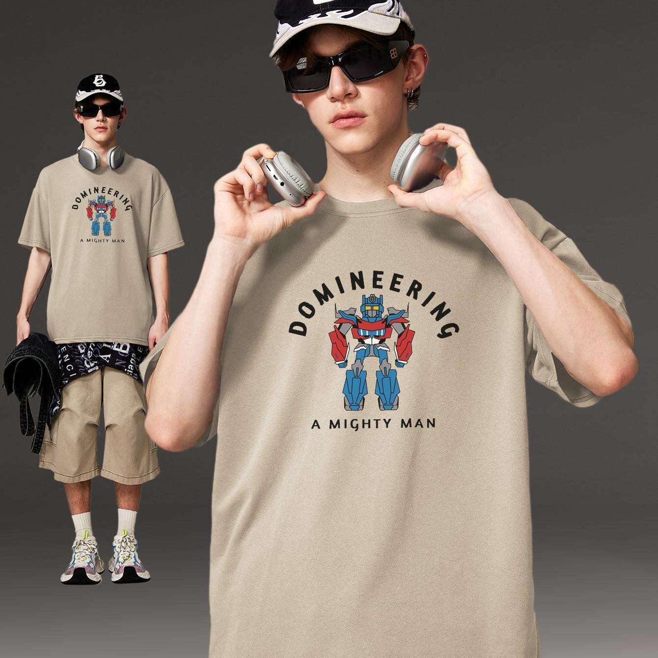 PRIVATHINKER "Domineering A Mighty for Man" Graphic Tee - 100% Cotton, Oversized Casual Hip Hop Style, Short Sleeve T-Shirt with Robot Print, Summer Streetwear for Men and Women