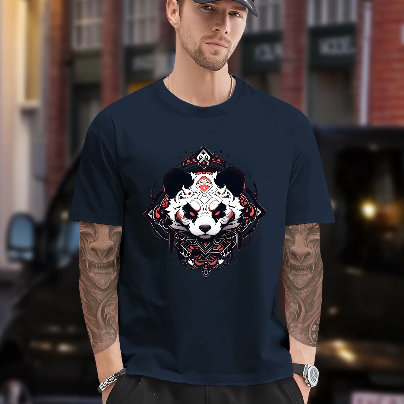 Men's Plus Size Black T-Shirt with Panda Graphic - Casual, Non-Stretch Polyester, Crew Neck, Short Sleeve Tee for Summer, Oversized T Shirt