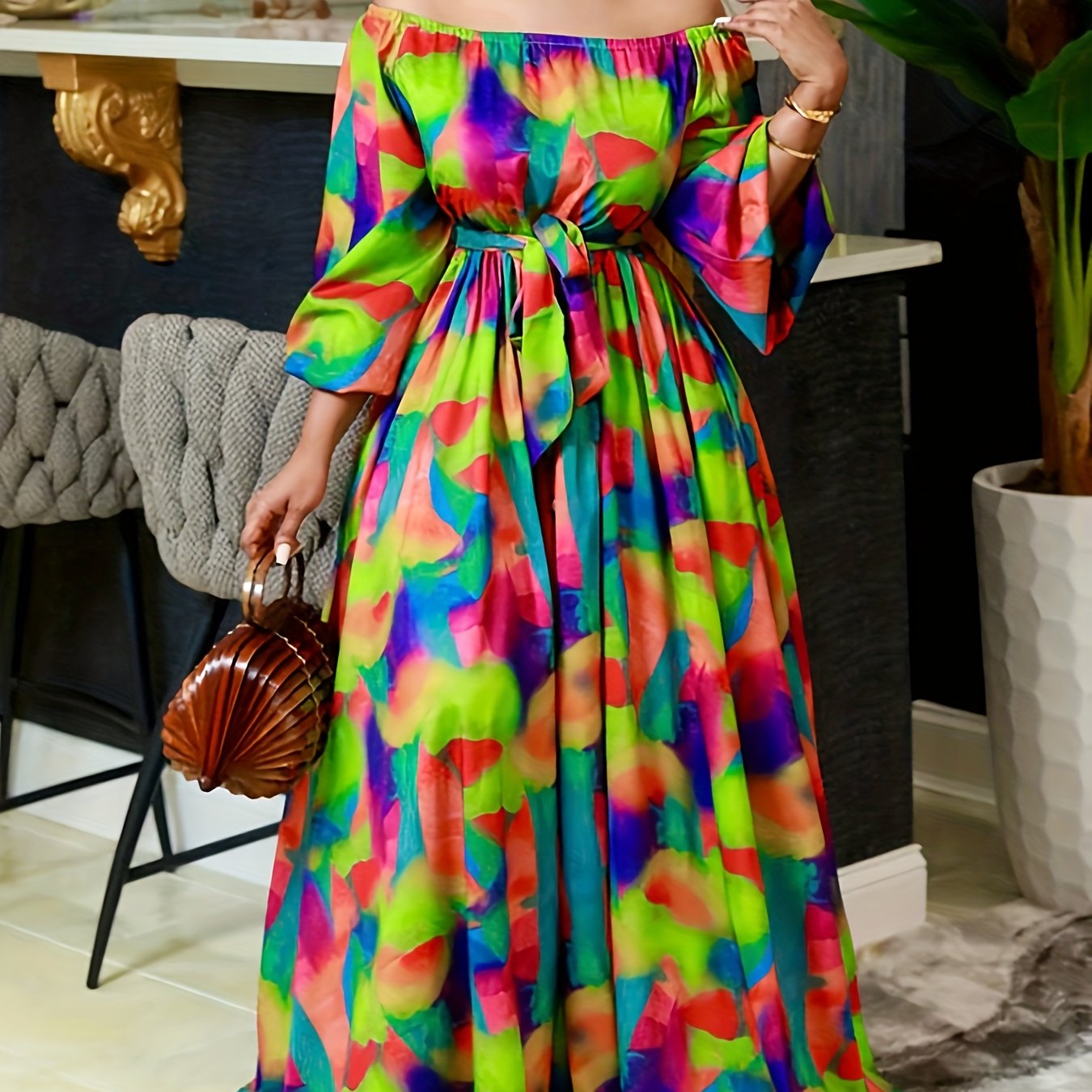 Women'S Off-Shoulder Maxi Dress, Geometric Print, Polyester & Spandex Blend, Casual Fashion, One-Shoulder, Long Flowy Skirt, All Seasons, Adult Size, Woven Fabric