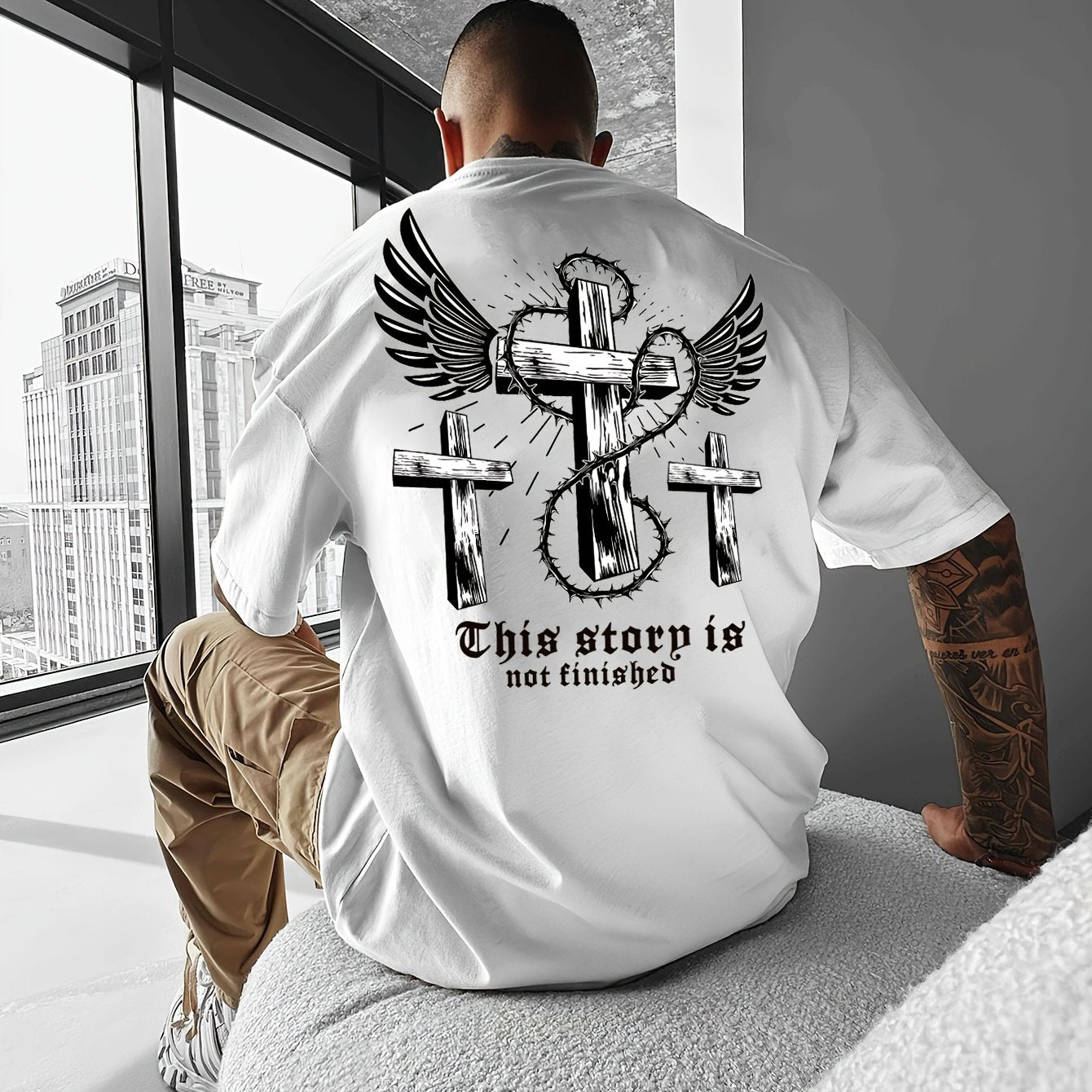 Y2K-Inspired Men's T-Shirt with Winged Cross Design - Casual Streetwear, Breathable Polyester, Summer Outdoor Fashion