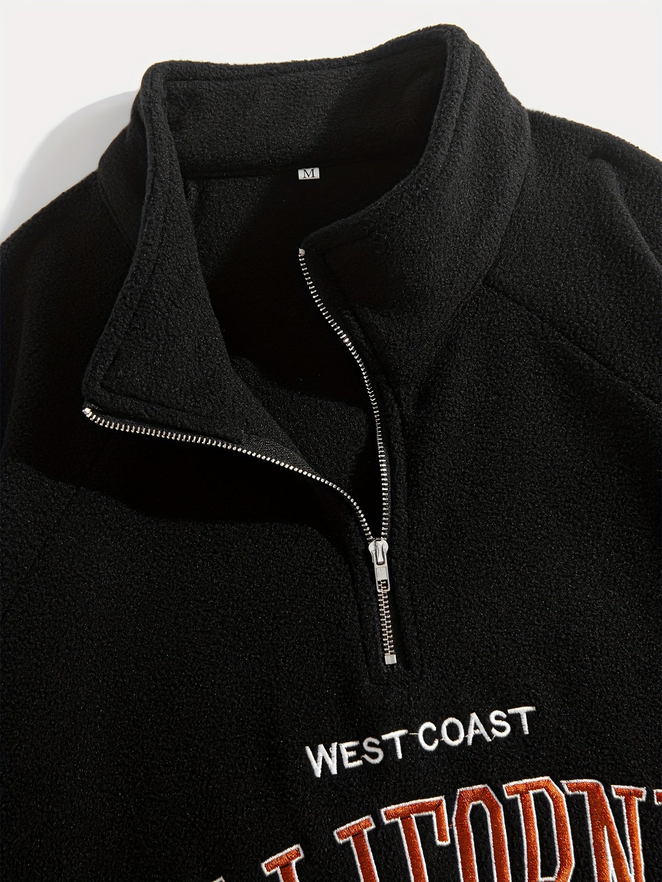 Men's Embroidered Fleece Pullover Sweatshirt with Quarter-Zip Stand Collar - Casual Long Sleeve, Polyester Blend