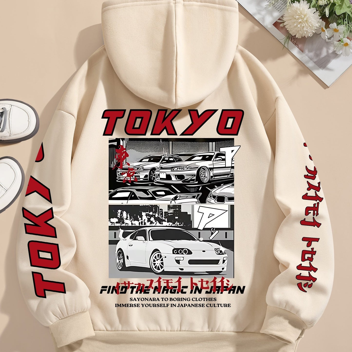 Tokyo Graphic Print Casual Hoodie for Women - 100% Polyester Knit Fabric with Drawstring Hood, Geometric Pattern, All-Season Comfort