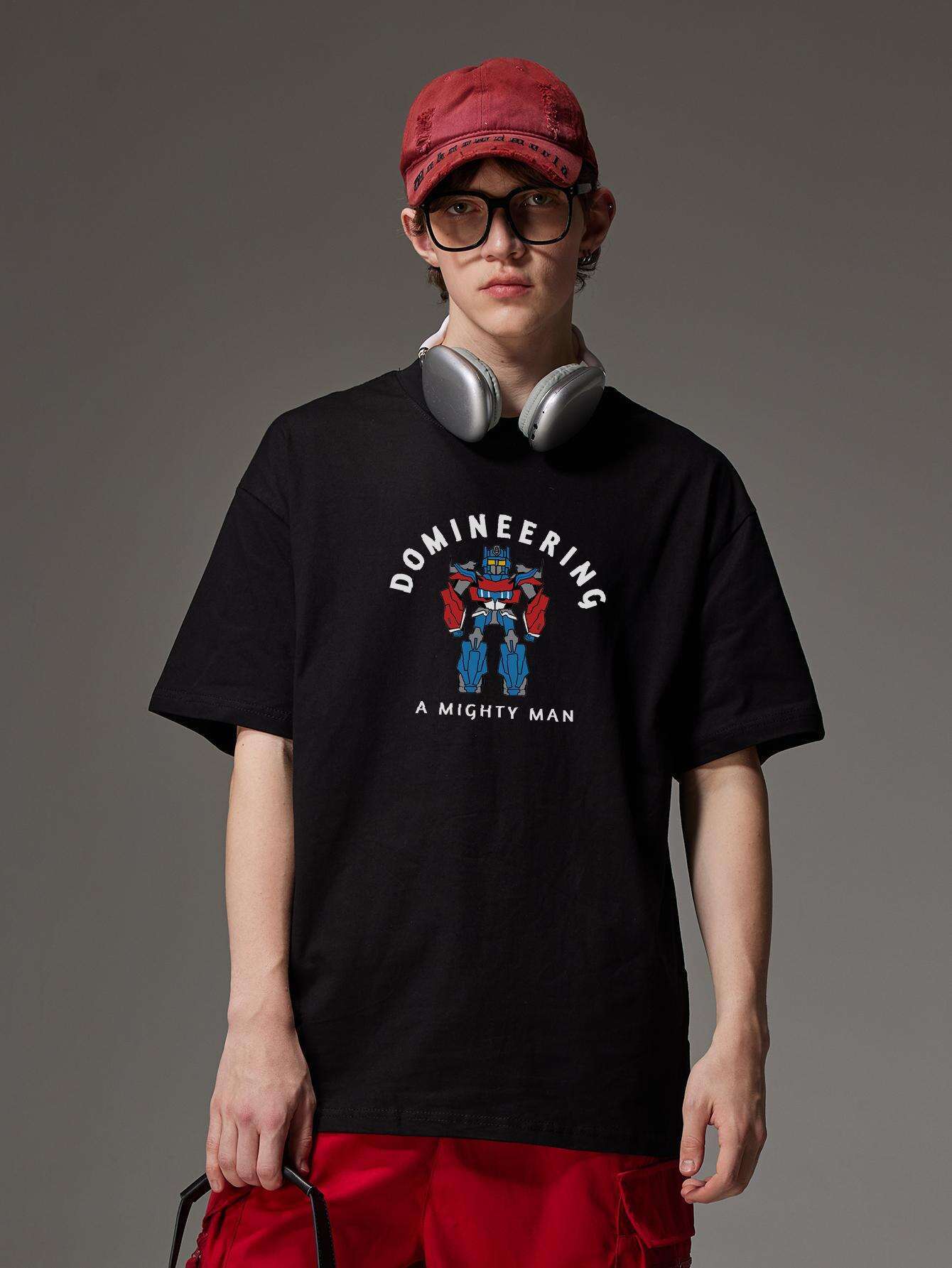 PRIVATHINKER "Domineering A Mighty for Man" Graphic Tee - 100% Cotton, Oversized Casual Hip Hop Style, Short Sleeve T-Shirt with Robot Print, Summer Streetwear for Men and Women