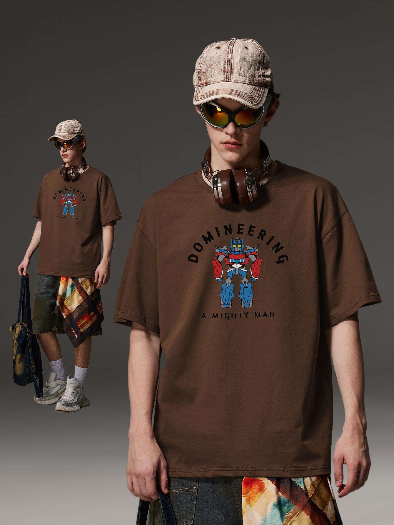 PRIVATHINKER "Domineering A Mighty for Man" Graphic Tee - 100% Cotton, Oversized Casual Hip Hop Style, Short Sleeve T-Shirt with Robot Print, Summer Streetwear for Men and Women