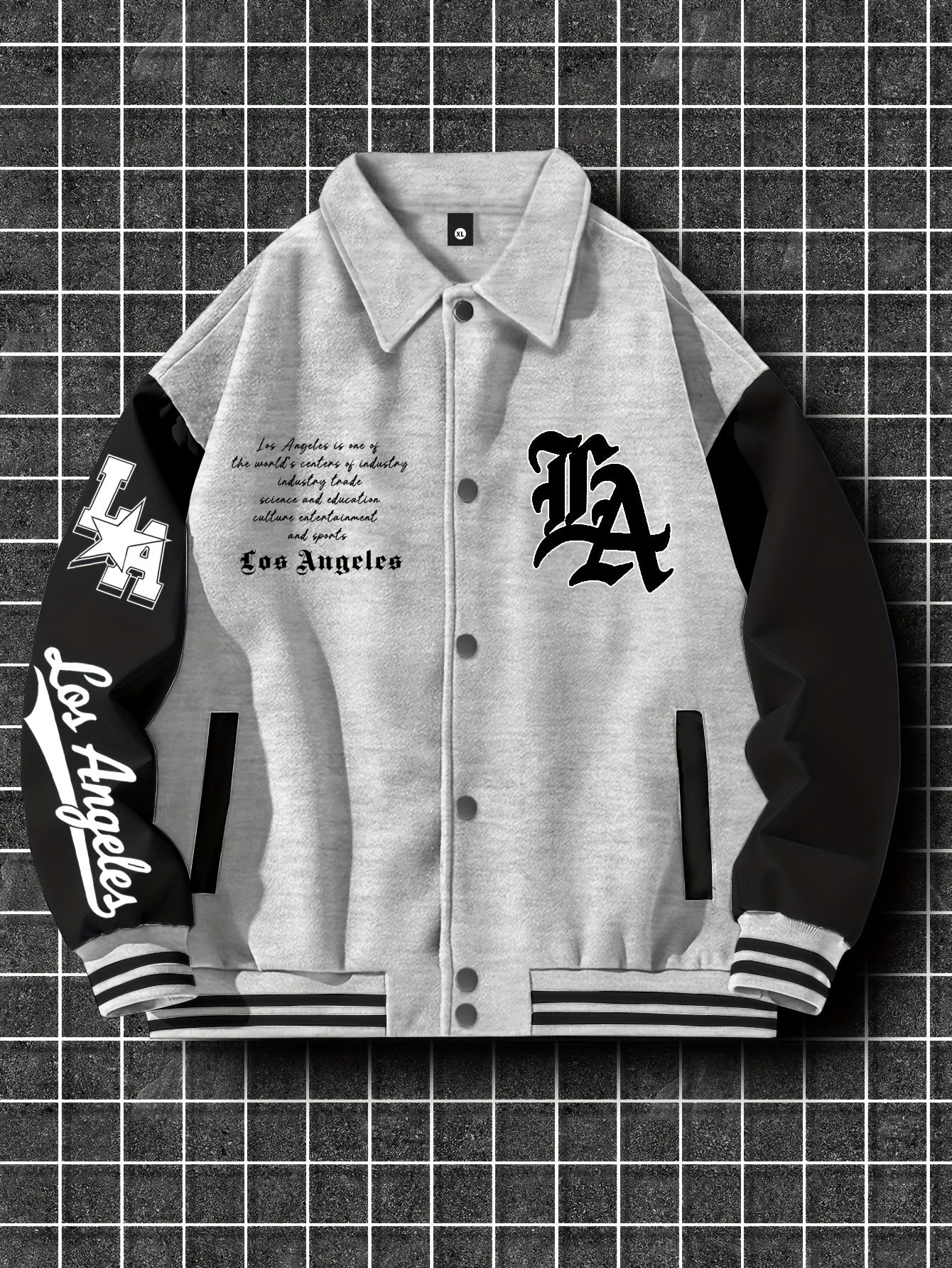 Men's Fashion Thick Collar Baseball Jacket, Random Print, Casual Style, Polyester Blend, Stretch Knit, Regular Fit, with Pockets, for Fall/Winter