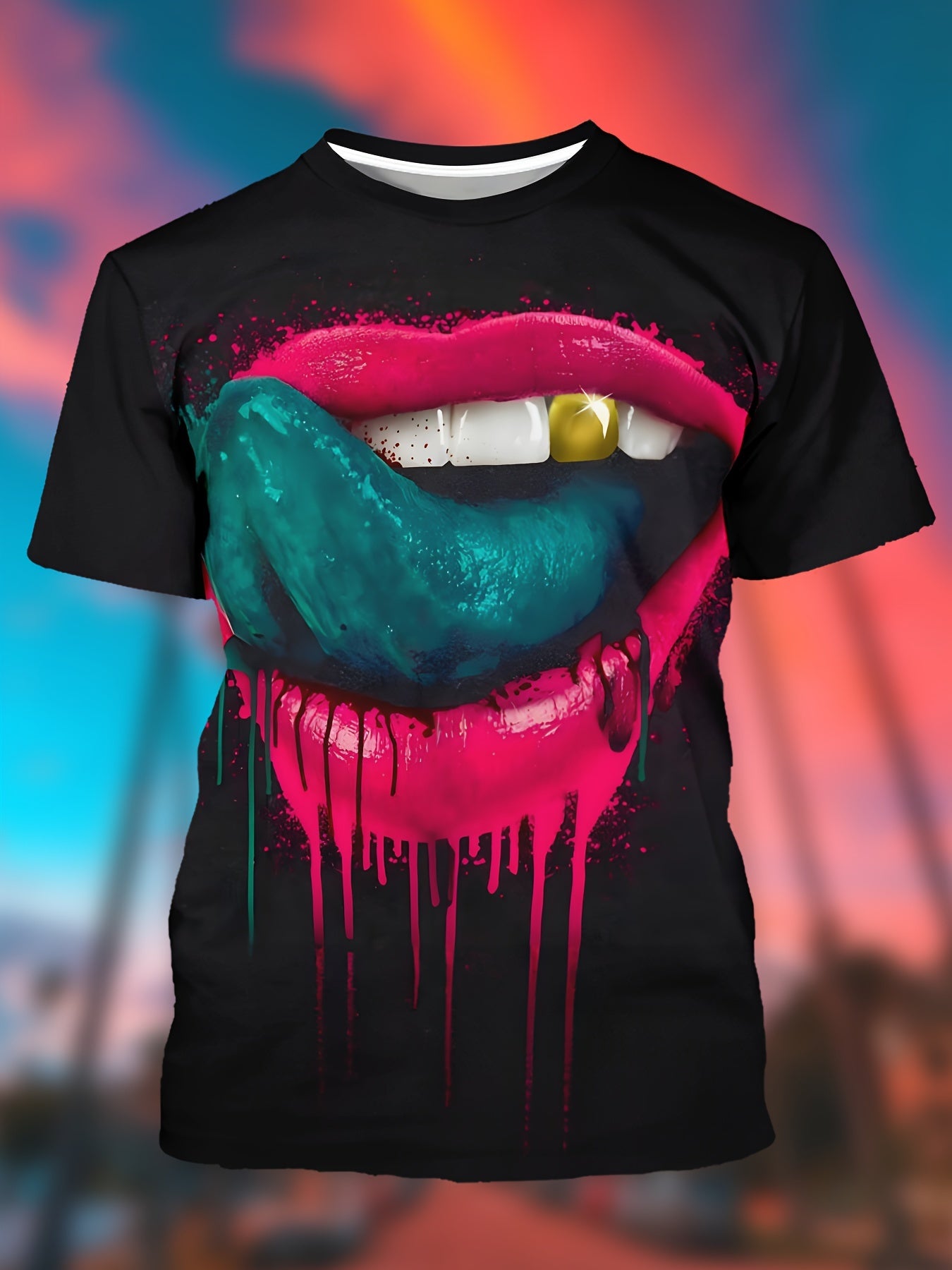 Men's Mouth Graphic Print T-shirt, Short Sleeve Crew Neck Tee, Men's Clothing For Summer Outdoor