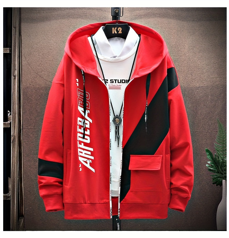 Men's Casual Hoodie with Geometric Print - Cozy & Warm Zip-Up Jacket for Fall/Winter, Polyester Blend, Young Fashion, Sports