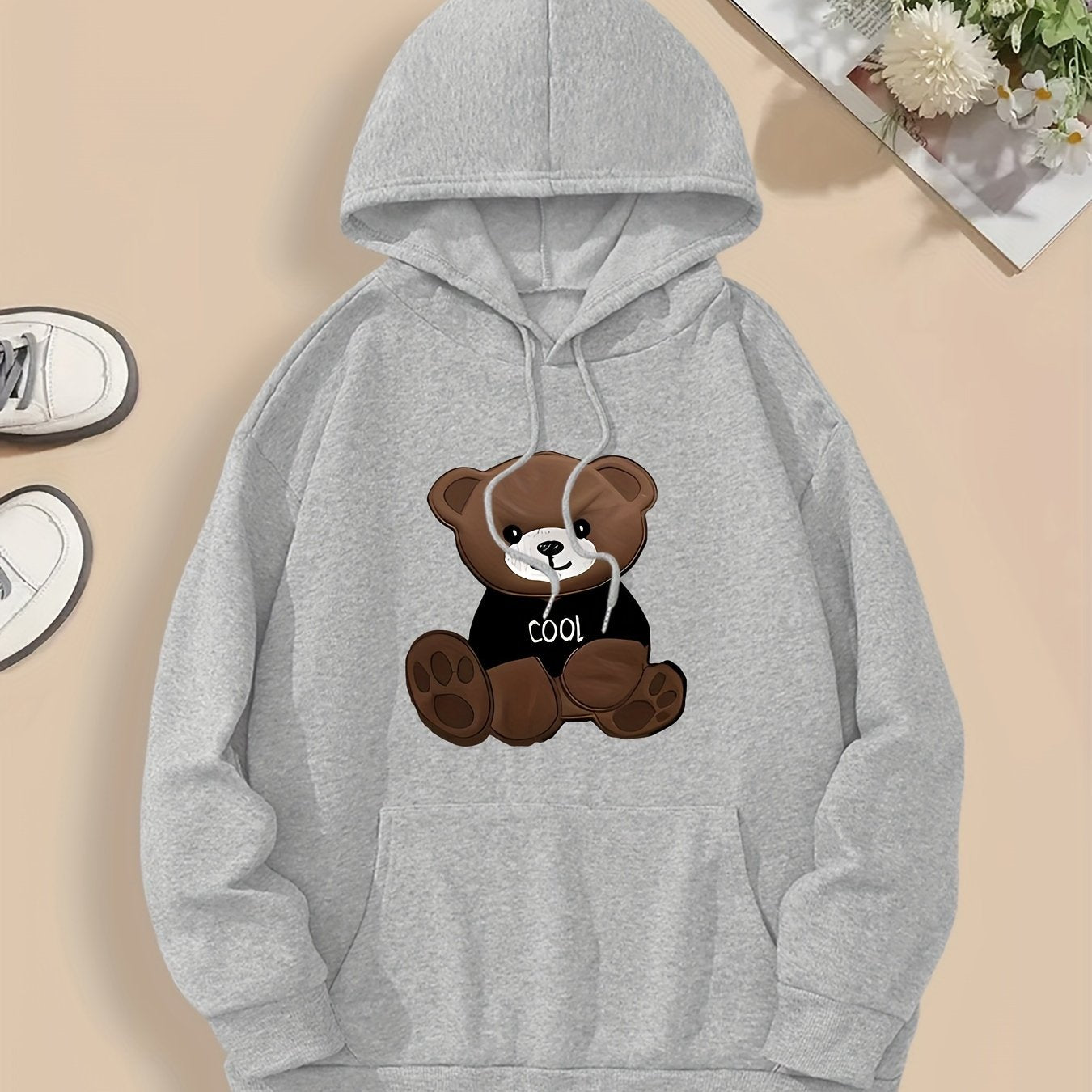 Women'S Cartoon Bear Print Hoodie, Soft Stretch Polyester Pullover with Pocket, Casual Regular Fit, All-Season Beachwear, Knitted with Hood, Autumn/Winter Fashion Sweatshirt