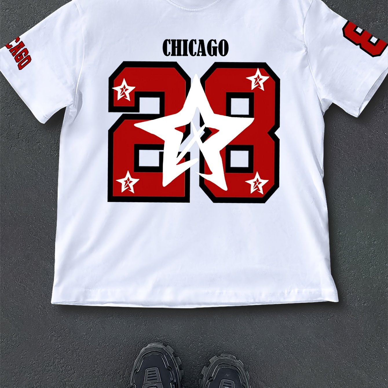 Men's Casual Summer T-Shirt with Printed Lettering and Numbers, Loose Fit, Polyester Knit Fabric, Round Neck, Short Sleeve