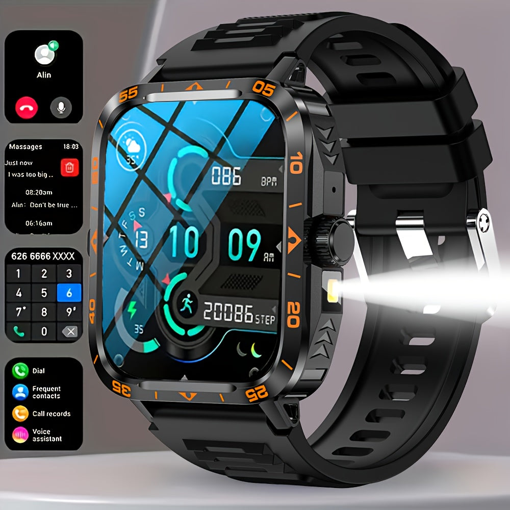 Smart Watch with LED Flashlight, 4.95cm Display, Compatible with Android & Iphone, 100+ Sports Modes, Customizable Watch Faces, Calorie & Step Counter, Water-Resistant, USB Charging, Wireless 5.1, TFT Screen, PC Case, Silicon