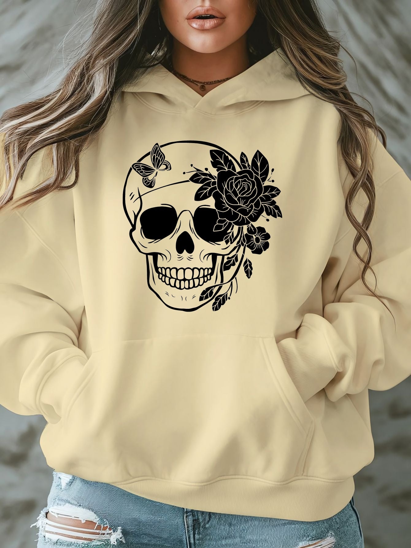1pc Women'S Plus Size Casual Hoodie with Floral Skull Print, Polyester Knit Sweatshirt, Long Sleeve Pullover with Pockets, Letter Pattern, Round Neck Hooded Top, with Autumn/Winter Fashion