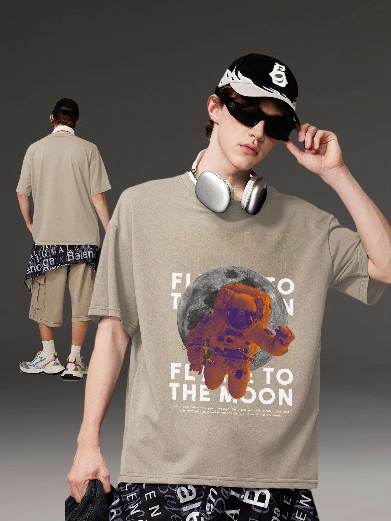 PRIVATHINKER Men's "Fly Me to The Moon" Graphic Tee - 100% Cotton, Oversized & Lightweight, Casual Summer Streetwear with Astronaut & Moon Design, Short Sleeve, Round Neck