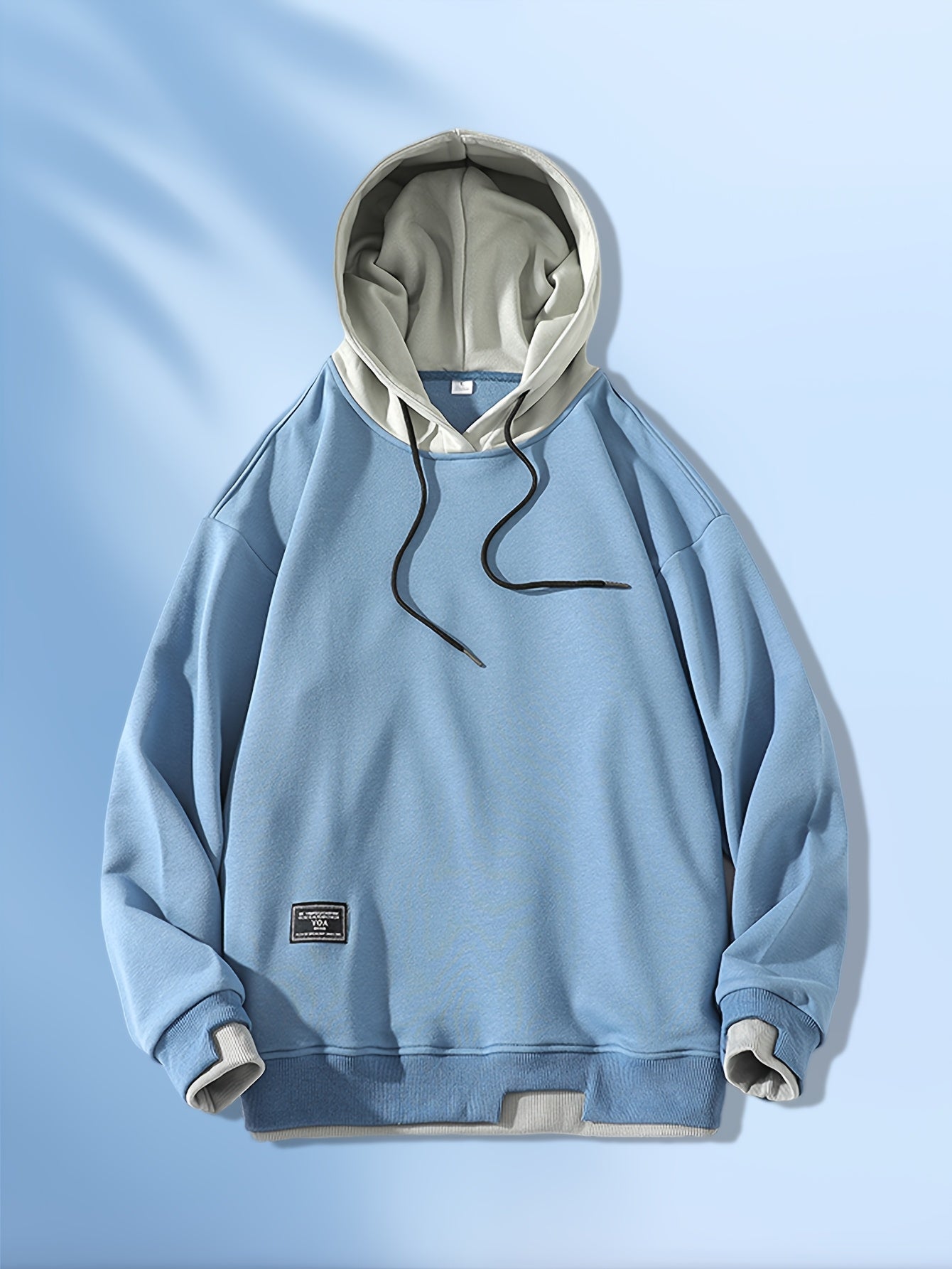 Men'S Fashion Casual Hooded Sweatshirt, 100% Polyester Knit Fabric, Long Sleeve, Loose Fit Pullover with Geometric Applique Design, Medium Stretch, for Spring/Autumn Trendy Streetwear