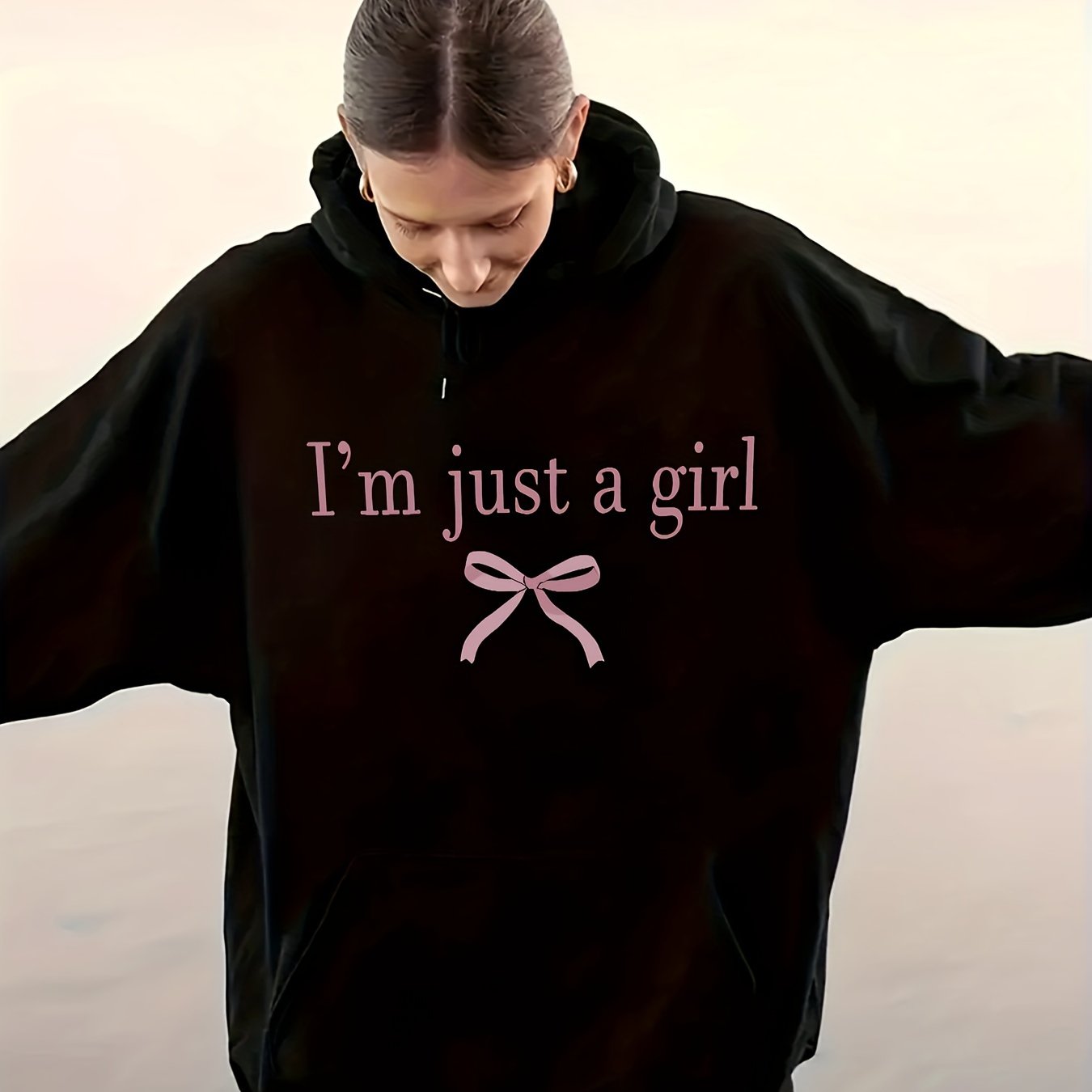 Women'S Casual Letter & Bow Print Hoodie, Polyester Stretch Fabric, Regular Fit with Kangaroo Pocket, Fashionable Pullover Sweatshirt for Adults, Winter Knitwear