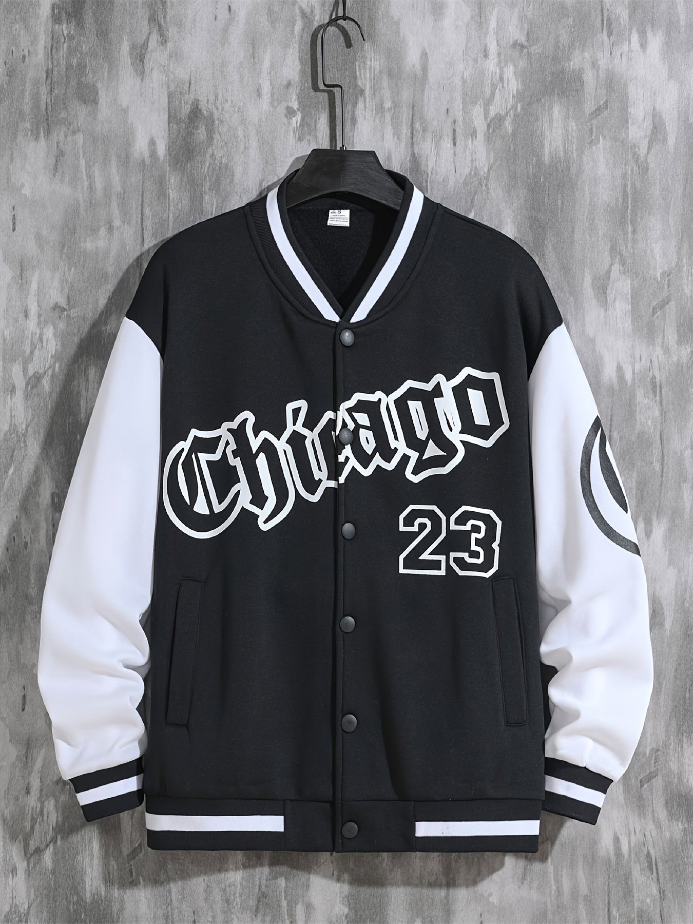 Men'S Casual Fashion Baseball Jacket, 100% Polyester Knit Fabric with Slight Stretch, Crew Neck, Button Closure, Alphabet Pattern, Regular Fit with Pockets, Polyester Lined