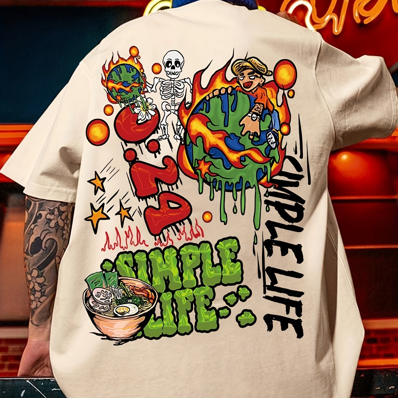 Men's Summer Essential T-Shirt - Casual Street Style with "SUPER GREAT" Cartoon Print, Crew Neck, 100% Polyester Blend, Regular Fit, Machine Washable