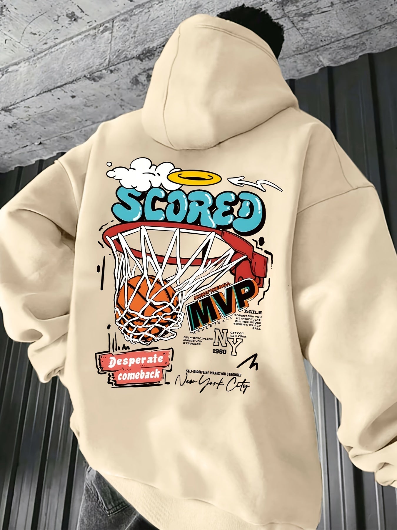 Men's Basketball Print Fleece-Lined Hoodie - Casual & Trendy, Loose Fit with Pockets for Fall/Winter