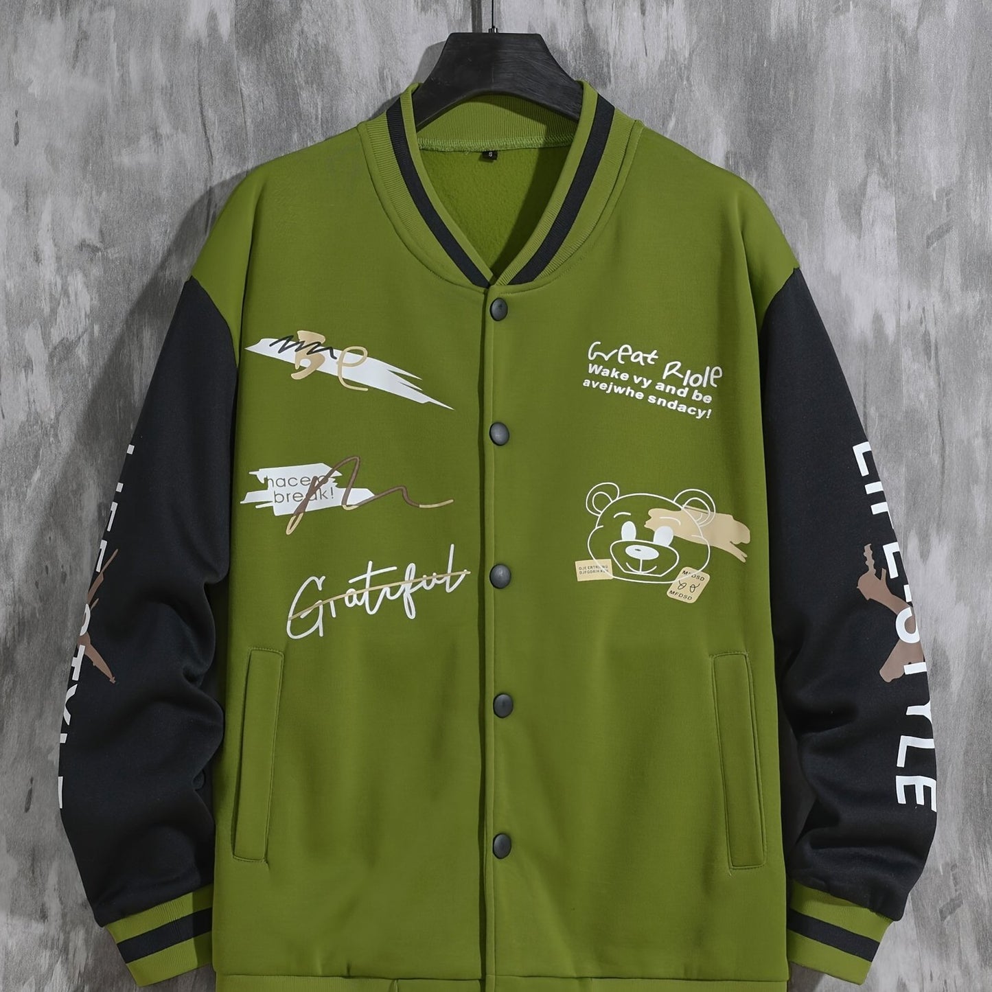 Men'S Casual Baseball Jacket, Polyester 100% Knit Fabric, Long Sleeve with Alphabet Pattern, Regular Length, Button Closure, Baseball Collar, Single Breasted Placket, Loose Fit, 200g/m² Weight - Spring/Fall Fashion