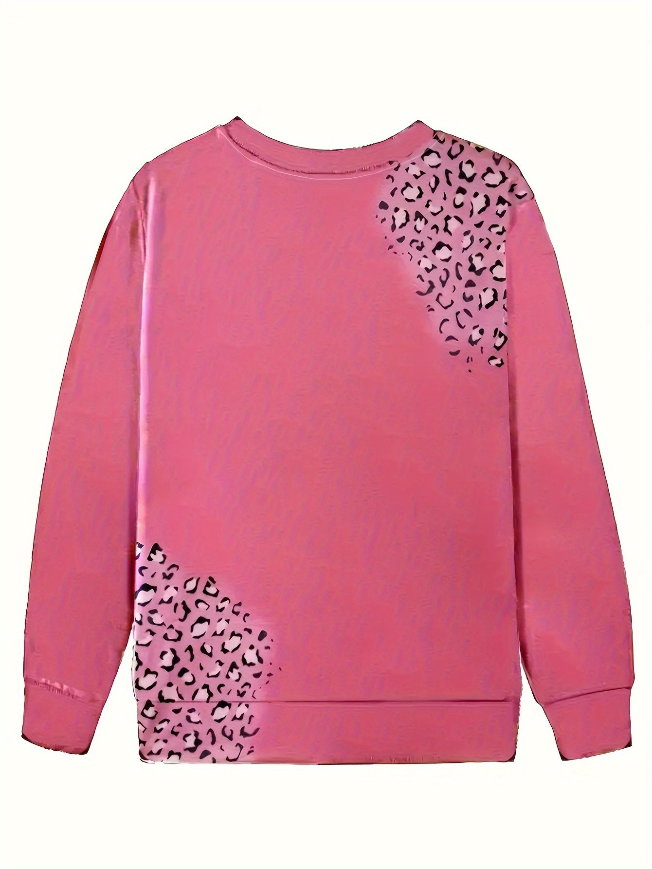 1pc Women'S Plus Size Cartoon Animal Print Sweatshirt, Casual Round Neck Pullover Long Sleeve, Polyester Comfortable Fall/Winter Top, Pink Leopard Pattern, Regular Fit