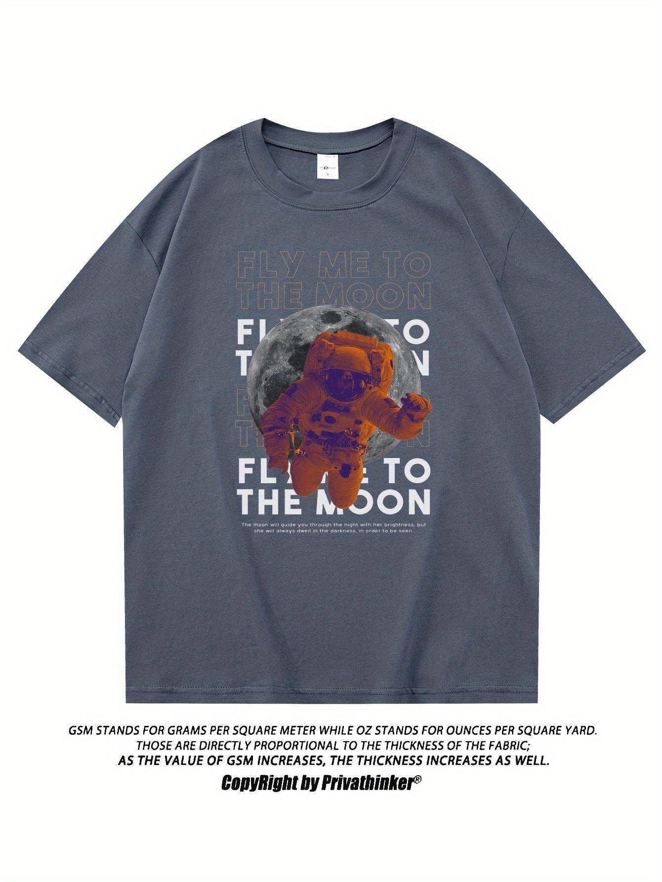 PRIVATHINKER Men's "Fly Me to The Moon" Graphic Tee - 100% Cotton, Oversized & Lightweight, Casual Summer Streetwear with Astronaut & Moon Design, Short Sleeve, Round Neck