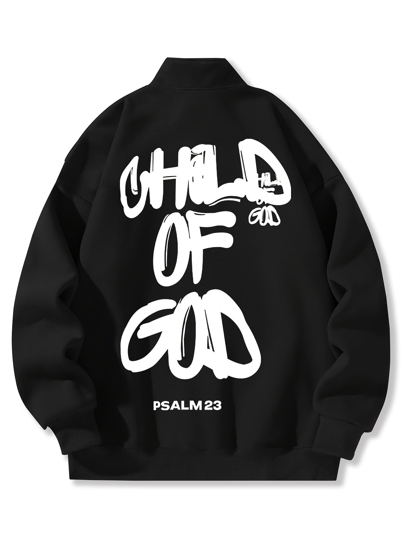 "Youngsters OF GOD" Letter Print Sweatshirt - Casual Black Drop Shoulder Stand Collar Half-Zip Pullover, Long Sleeve, 100% Polyester, Machine Washable for Fall & Winter