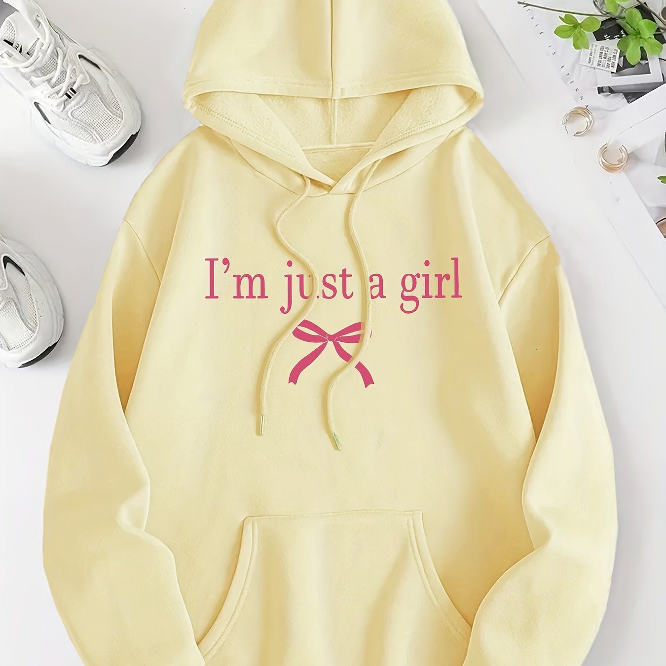 Women'S Casual Letter & Bow Print Hoodie, Polyester Stretch Fabric, Regular Fit with Kangaroo Pocket, Fashionable Pullover Sweatshirt for Adults, Winter Knitwear