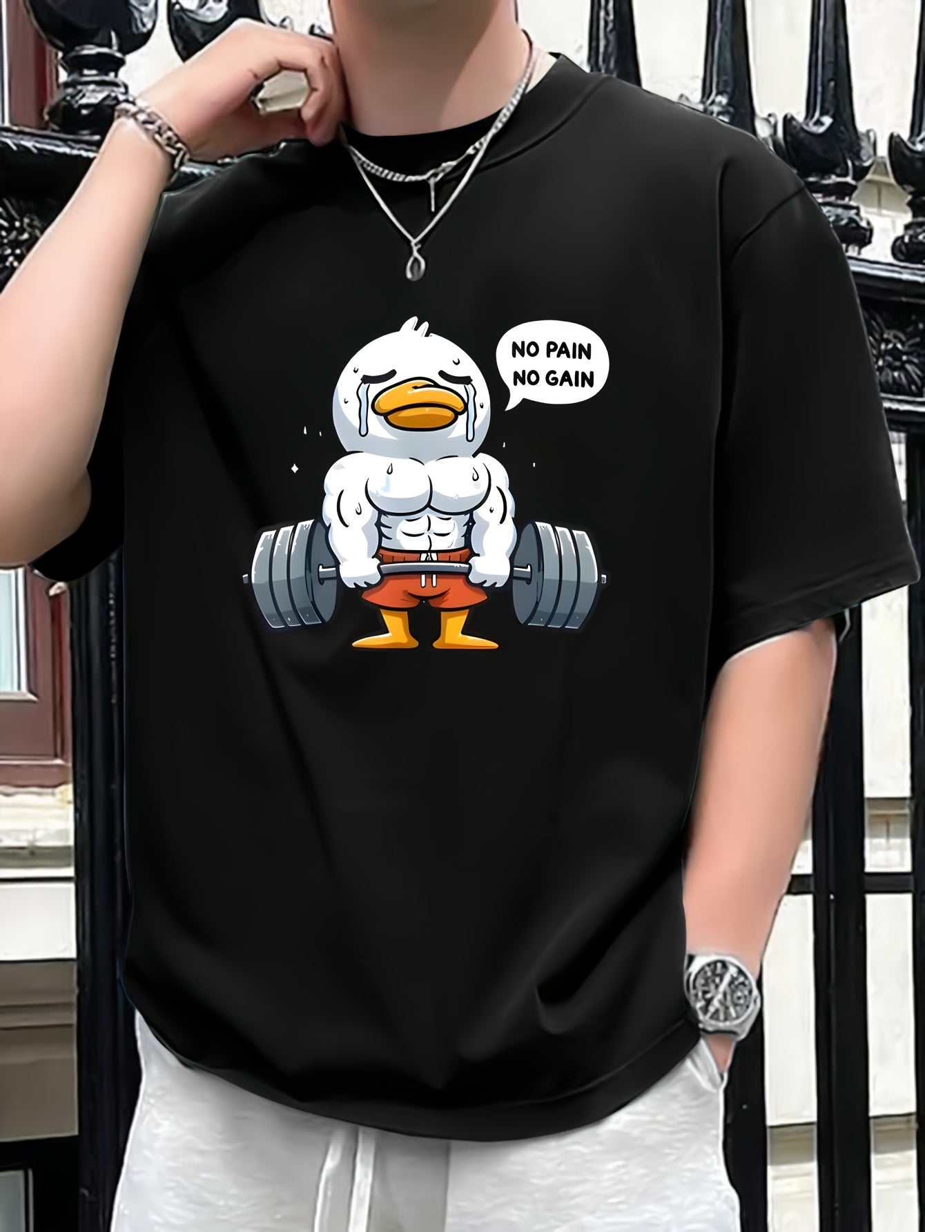 No Pain No Gain" Men's Motivational T-Shirt - Muscular Duck Cartoon Print, 100% Cotton, Short Sleeve, Round Neck, Casual Street Style Tee for Summer & Spring, Oversized T Shirt