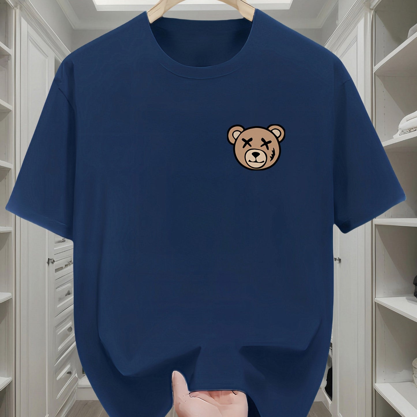 Men's Classic Black Cotton T-Shirt with Cute Bear Design - Casual, Comfortable Short Sleeve Crew Neck Tee, Machine Washable for All Seasons