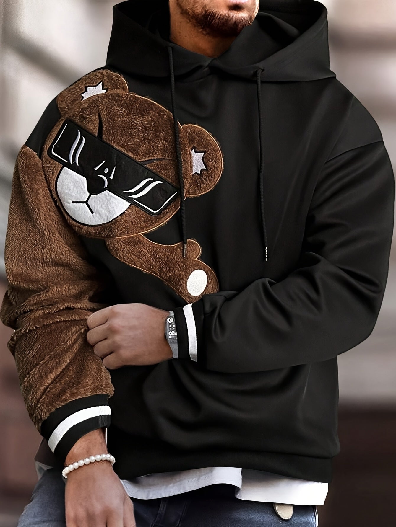 Men's Color Block Bruin Graphic Print Hoodie, Casual Long Sleeve Hooded Sweatshirt For Fall Winter Outdoor