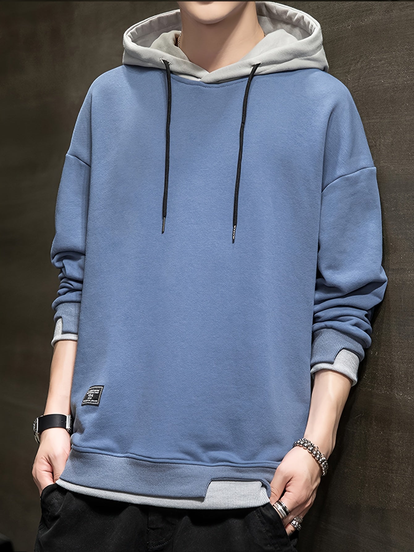 Men'S Fashion Casual Hooded Sweatshirt, 100% Polyester Knit Fabric, Long Sleeve, Loose Fit Pullover with Geometric Applique Design, Medium Stretch, for Spring/Autumn Trendy Streetwear