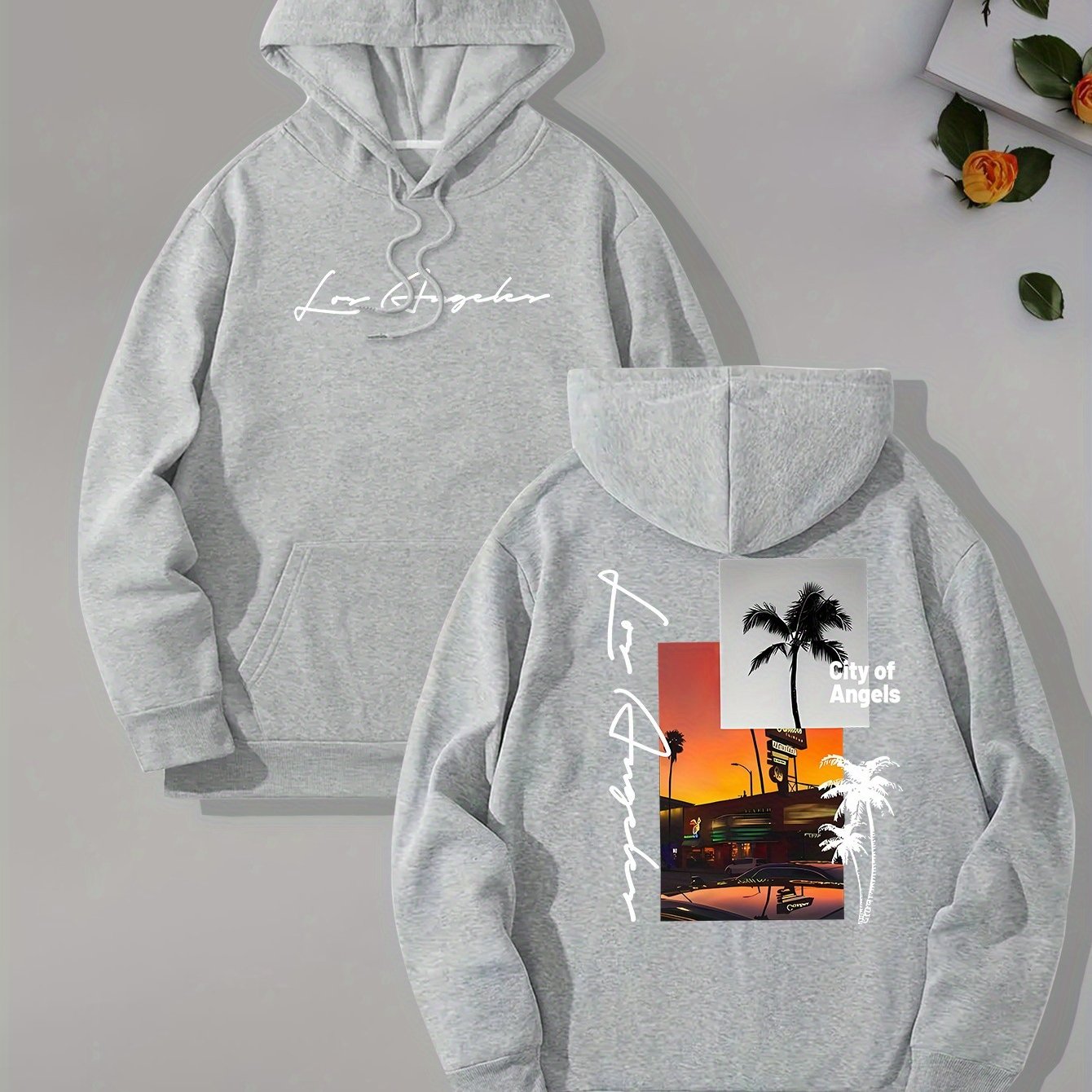 Beach Los Angeles Print Men's Pullover Hoodie, Kangaroo Pocket Long Sleeve Hooded Sweatshirt, Loose Casual Tops, Men's Clothes For Fall Winter