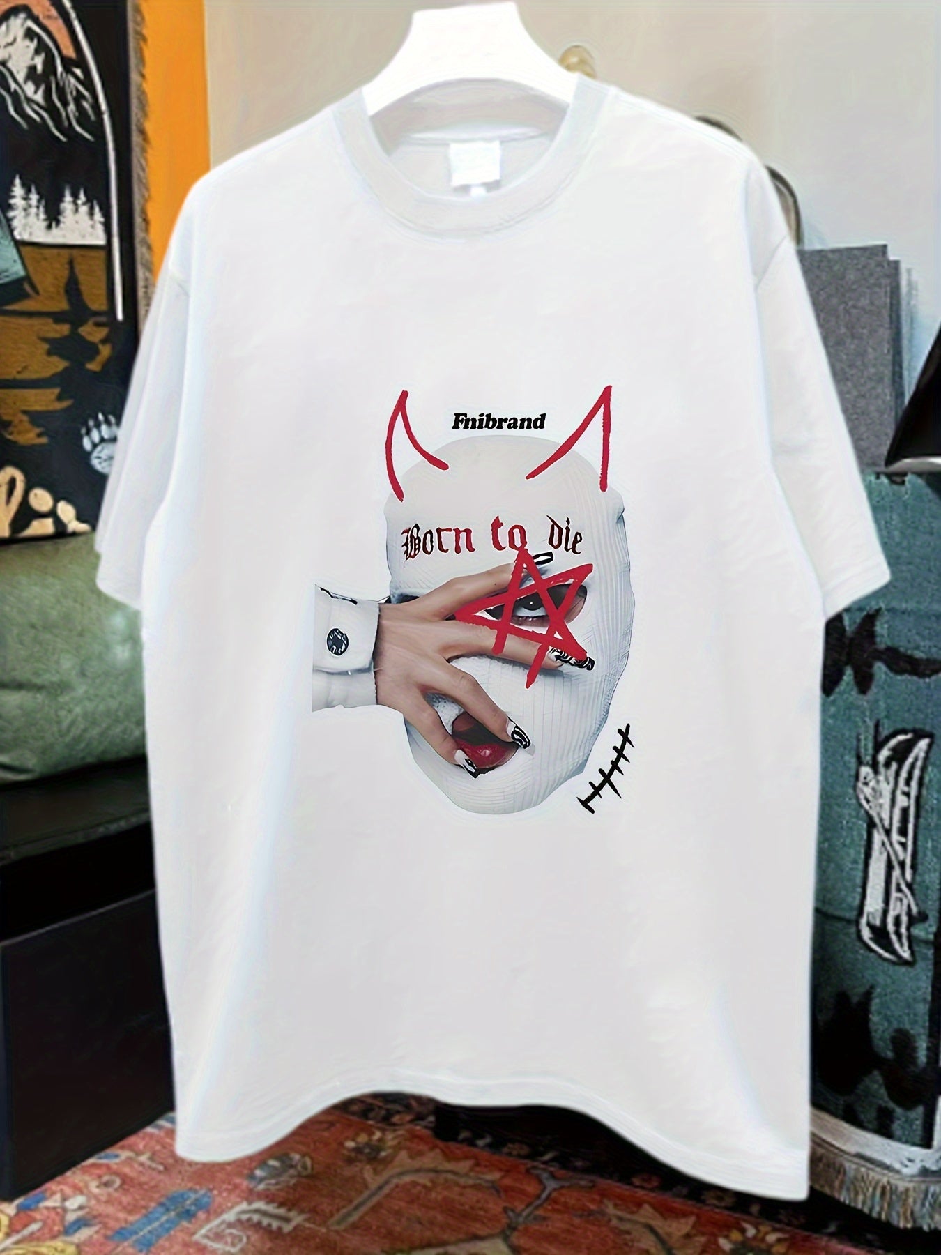Retro-Inspired "Born to Die" Graphic Cotton Tee for Men - Loose Fit, Drop Shoulder, Short Sleeve with Unique Star and Hand Print Design, Round Neck - Casual Summer Wear
