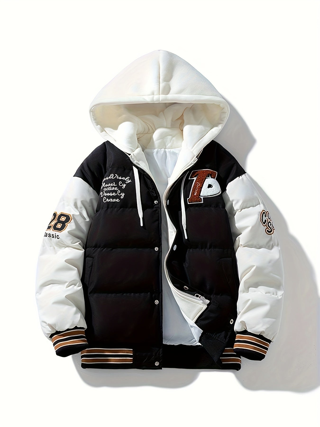 Men's Preppy Style Hooded Varsity Jacket - Casual Color Block Puffer with Embroidered Patches, Zip-Up, Long Sleeves, Polyester - Perfect for Baseball & Casual Attire, Everyday Jacket|Color Block Design|Ribbed Cuffs