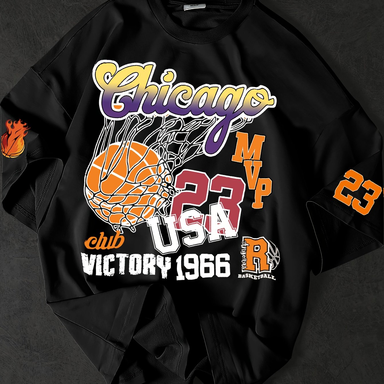 Men'S Casual Basketball Print Crew Neck T-Shirt, Polyester Knit Fabric, Loose Fit, with Slight Stretch, for Summer Tee
