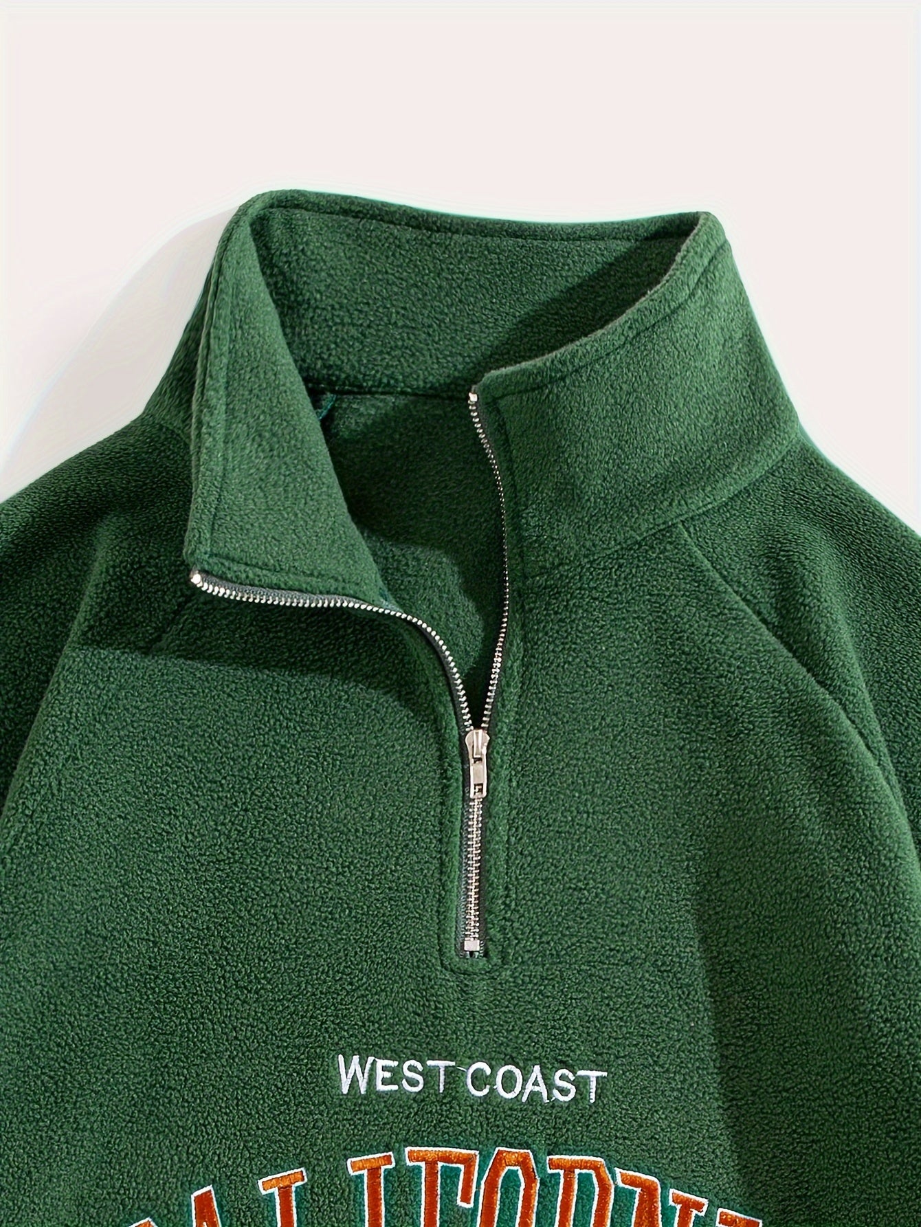 Men's Embroidered Fleece Pullover Sweatshirt with Quarter-Zip Stand Collar - Casual Long Sleeve, Polyester Blend