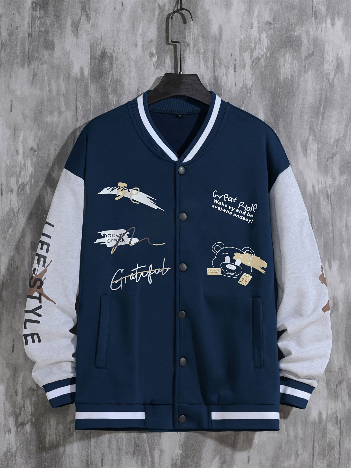 Men'S Casual Baseball Jacket, Polyester 100% Knit Fabric, Long Sleeve with Alphabet Pattern, Regular Length, Button Closure, Baseball Collar, Single Breasted Placket, Loose Fit, 200g/m² Weight - Spring/Fall Fashion